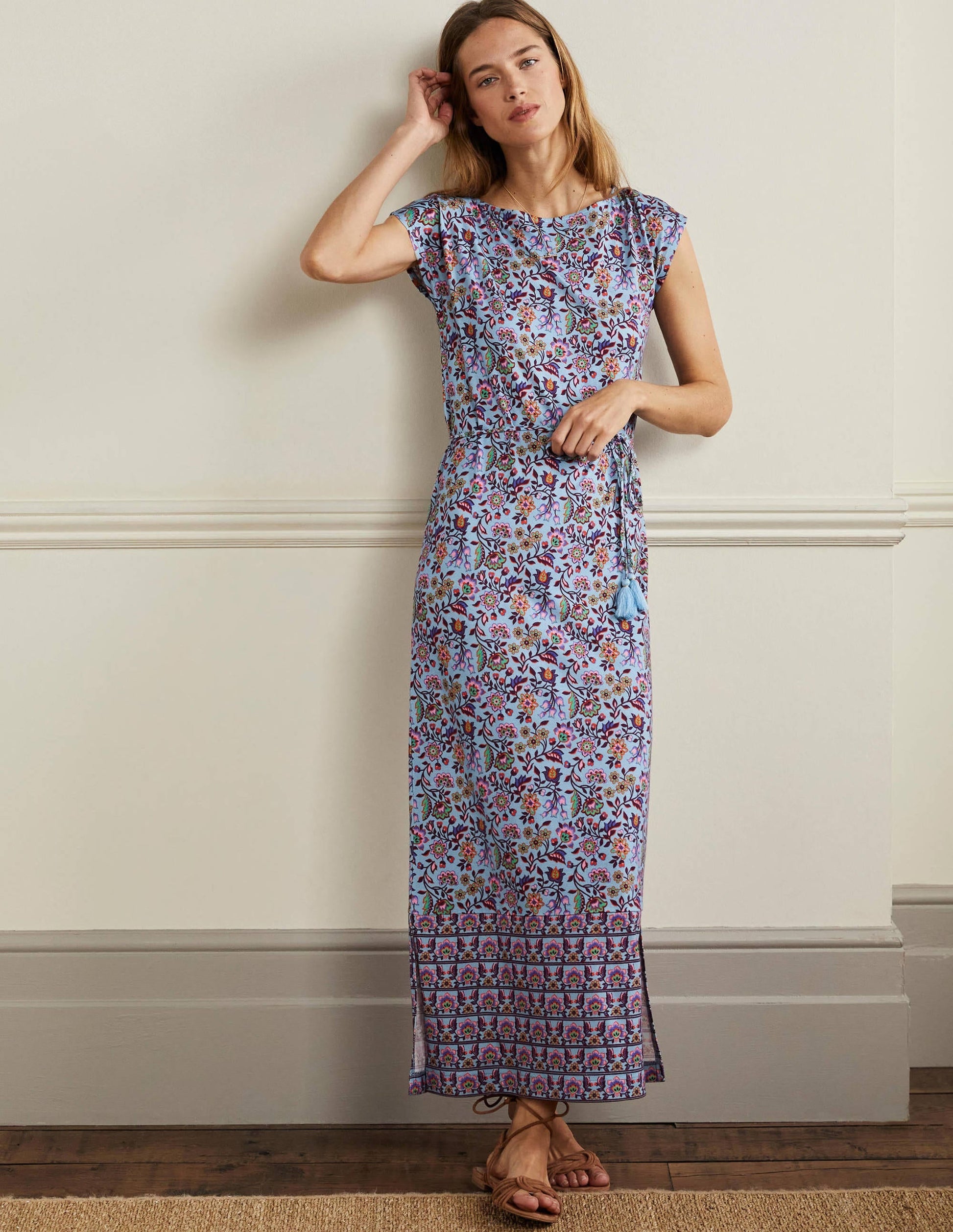 Belted Jersey Midi Dress-Dusty Blue Oriental Meadow-1