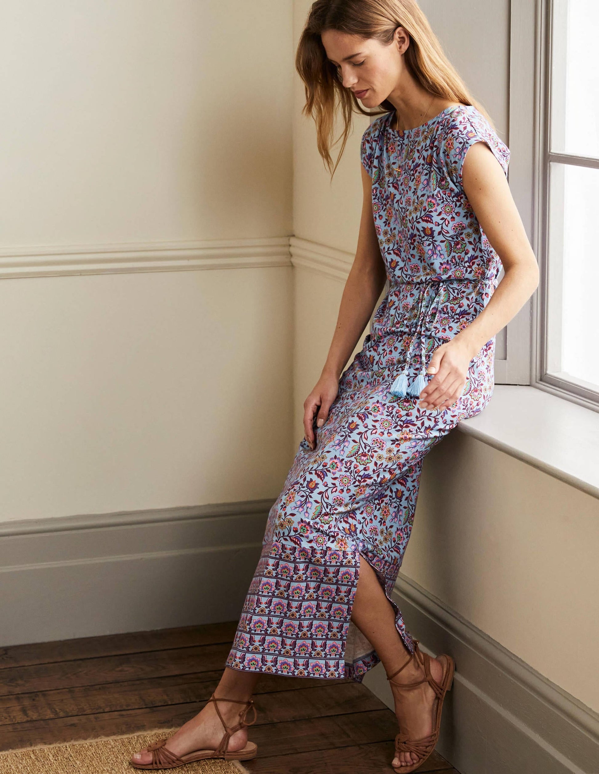 Belted Jersey Midi Dress-Dusty Blue Oriental Meadow-4