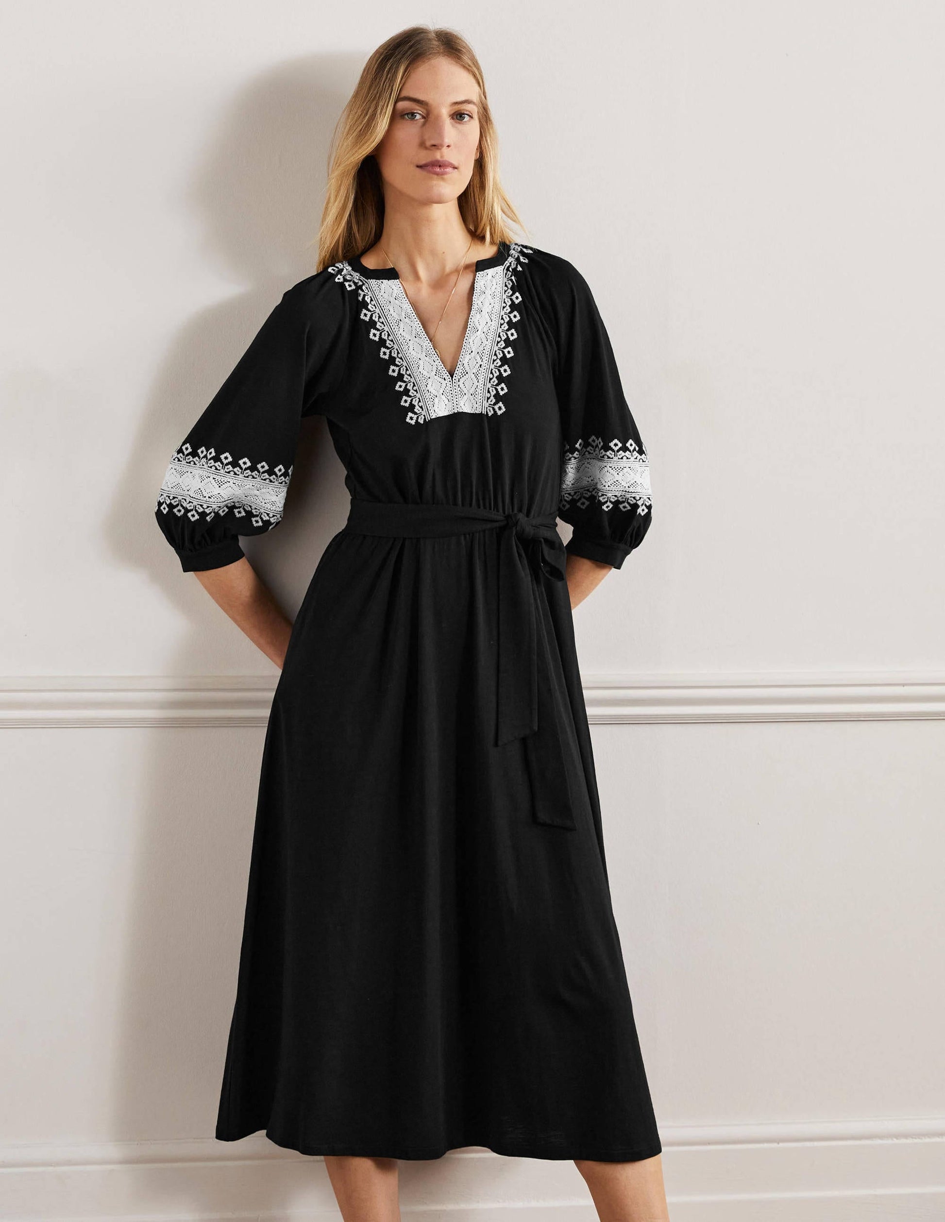Crochet Trim Jersey Midi Dress-Black-1
