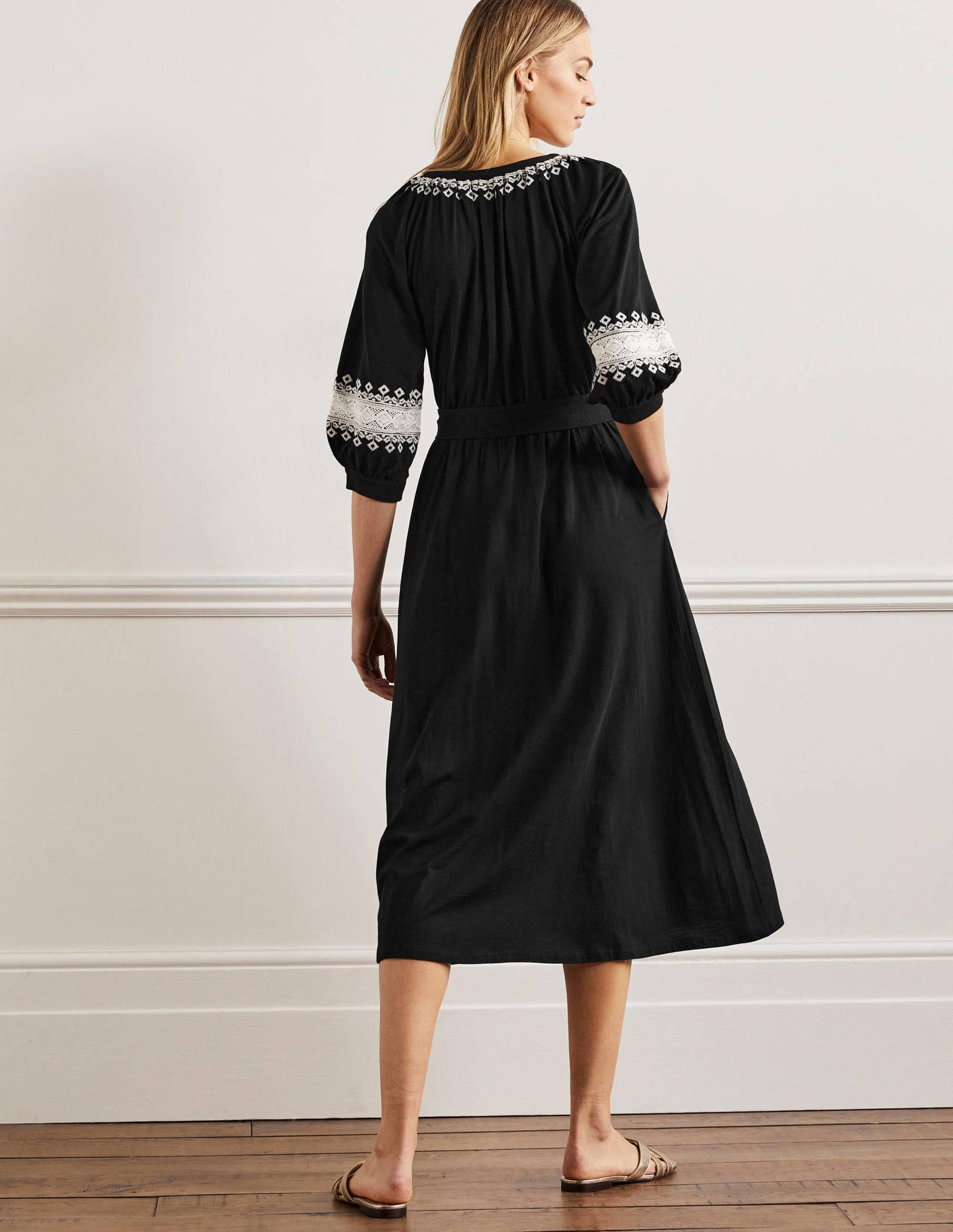 Crochet Trim Jersey Midi Dress-Black-3