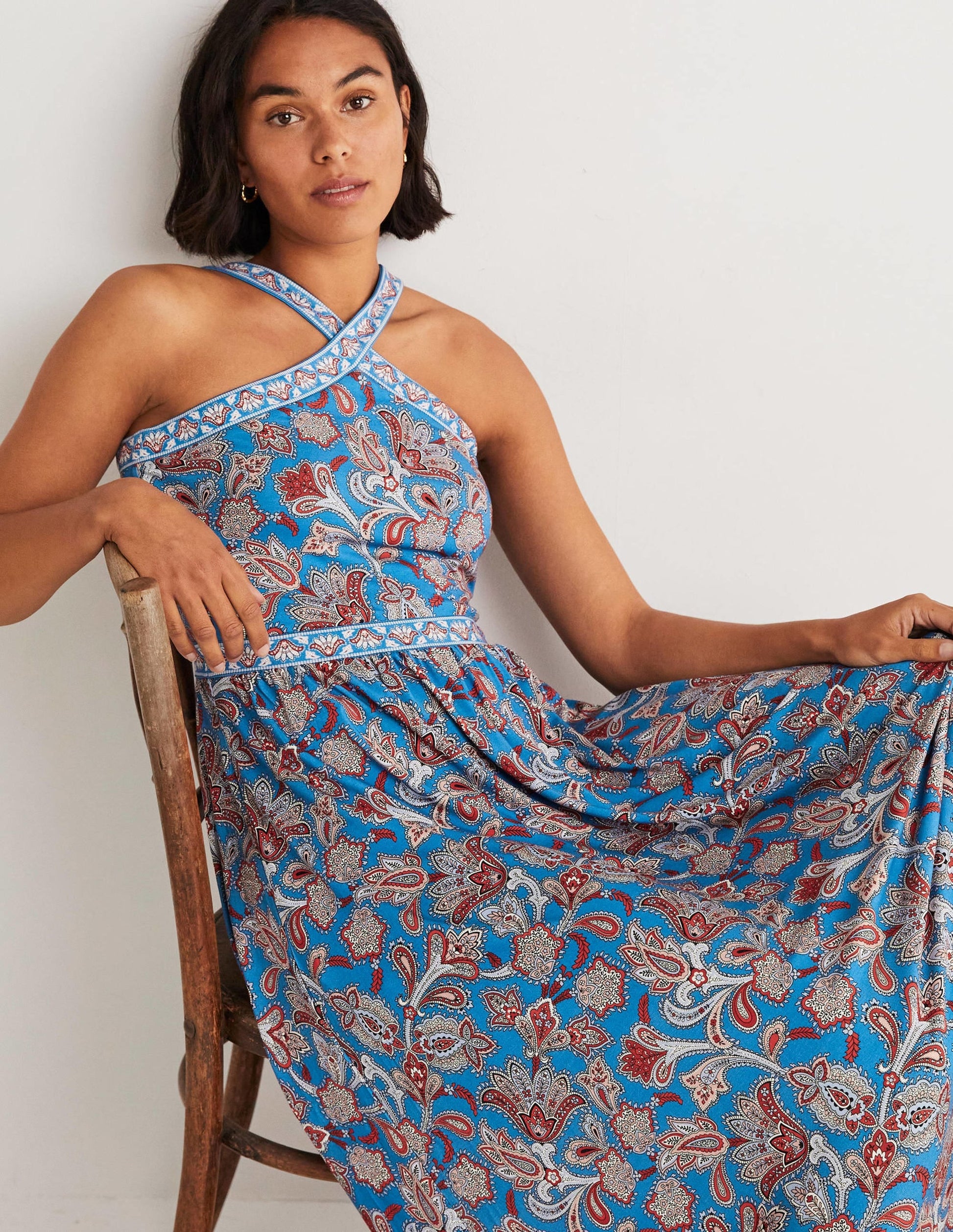 Halterneck Jersey Maxi Dress-Mosaic Blue, Paisley Bud-4