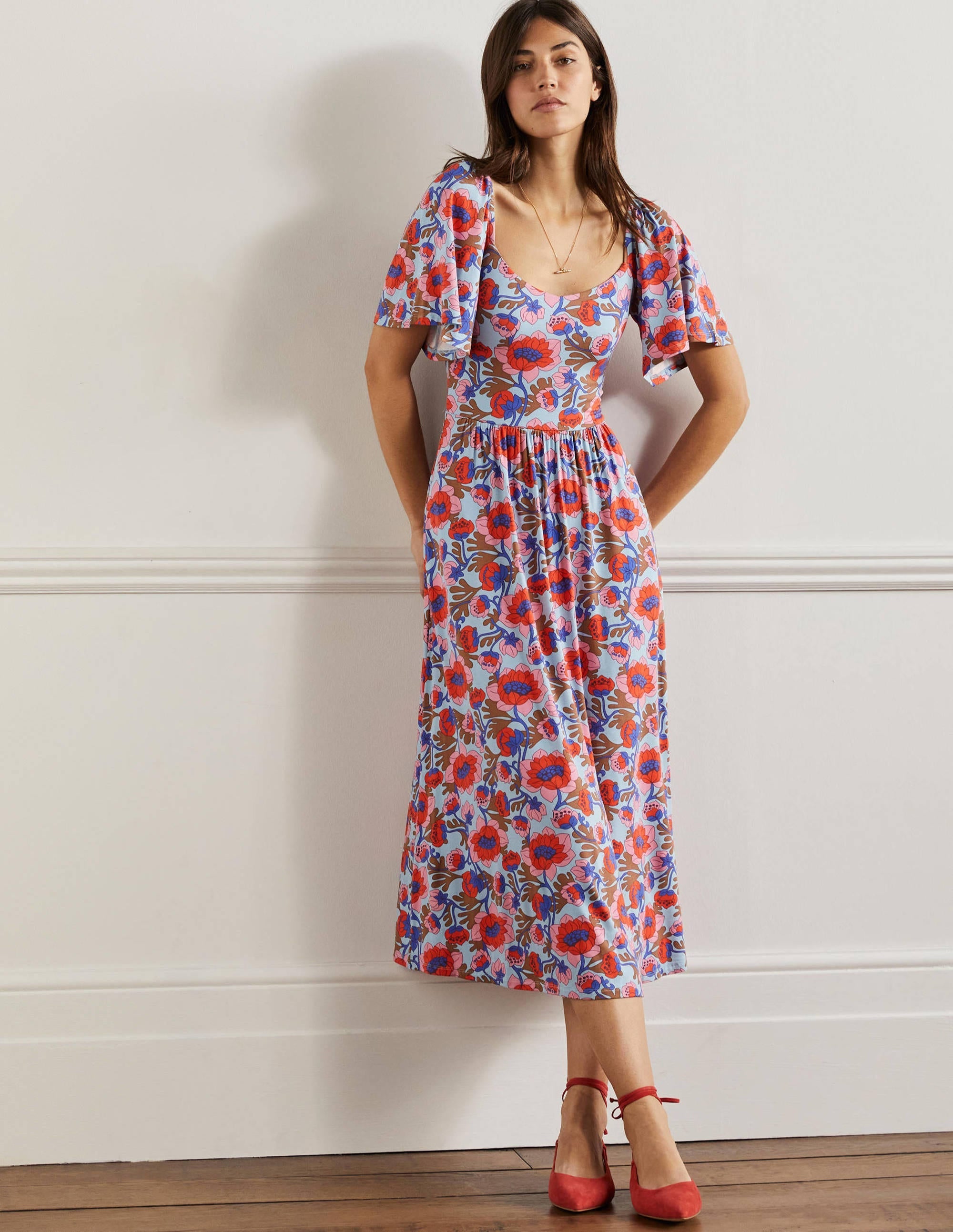Smock Detail Jersey Maxi Dress-Dusty Blue Terrace Bud - Image 1
