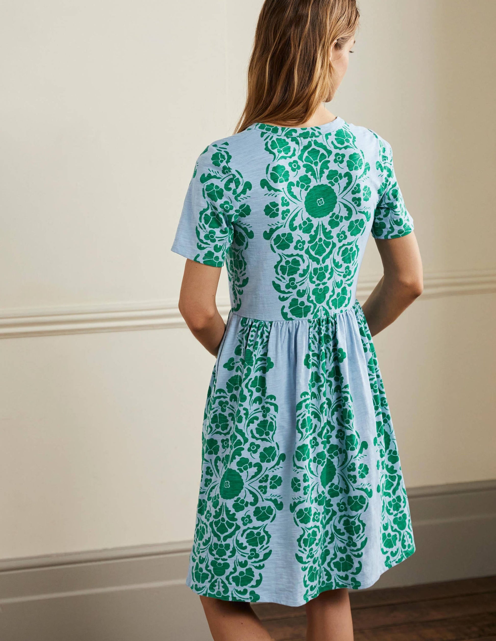 Easy Notch Neck Jersey Dress-Dusty Blue, Passion Bloom-3