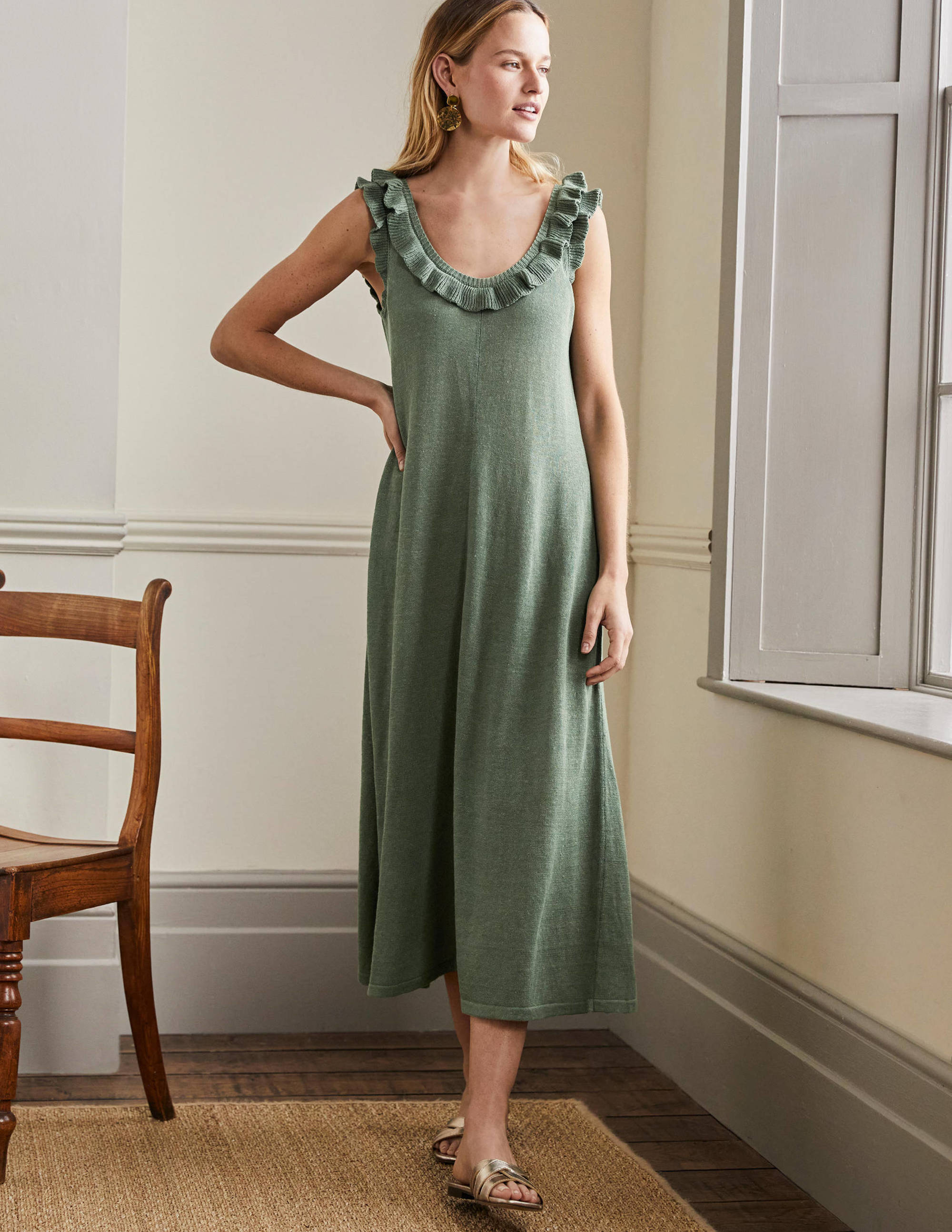 Frill Neck Knitted Midi Dress-Alder - Image 1