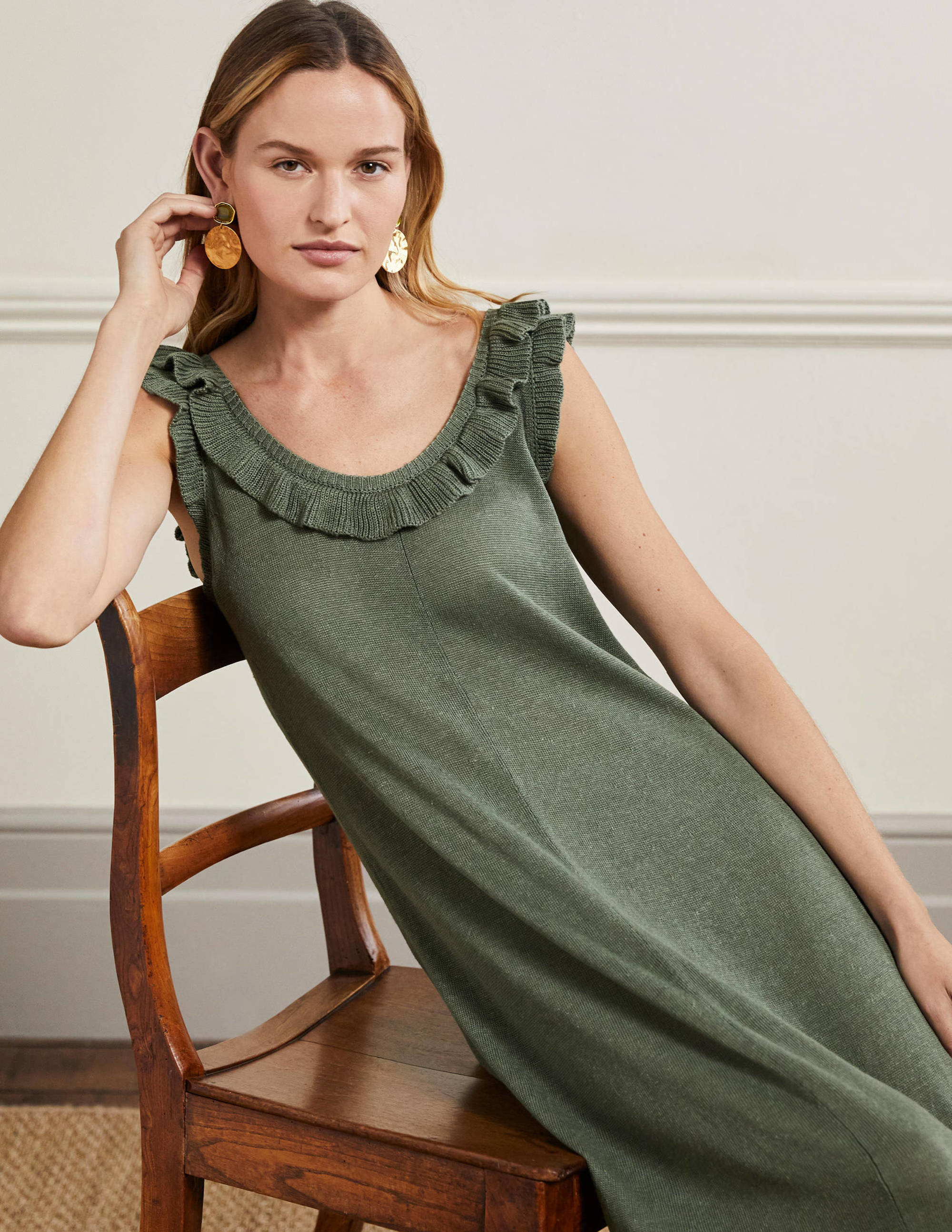 Frill Neck Knitted Midi Dress-Alder - Image 4