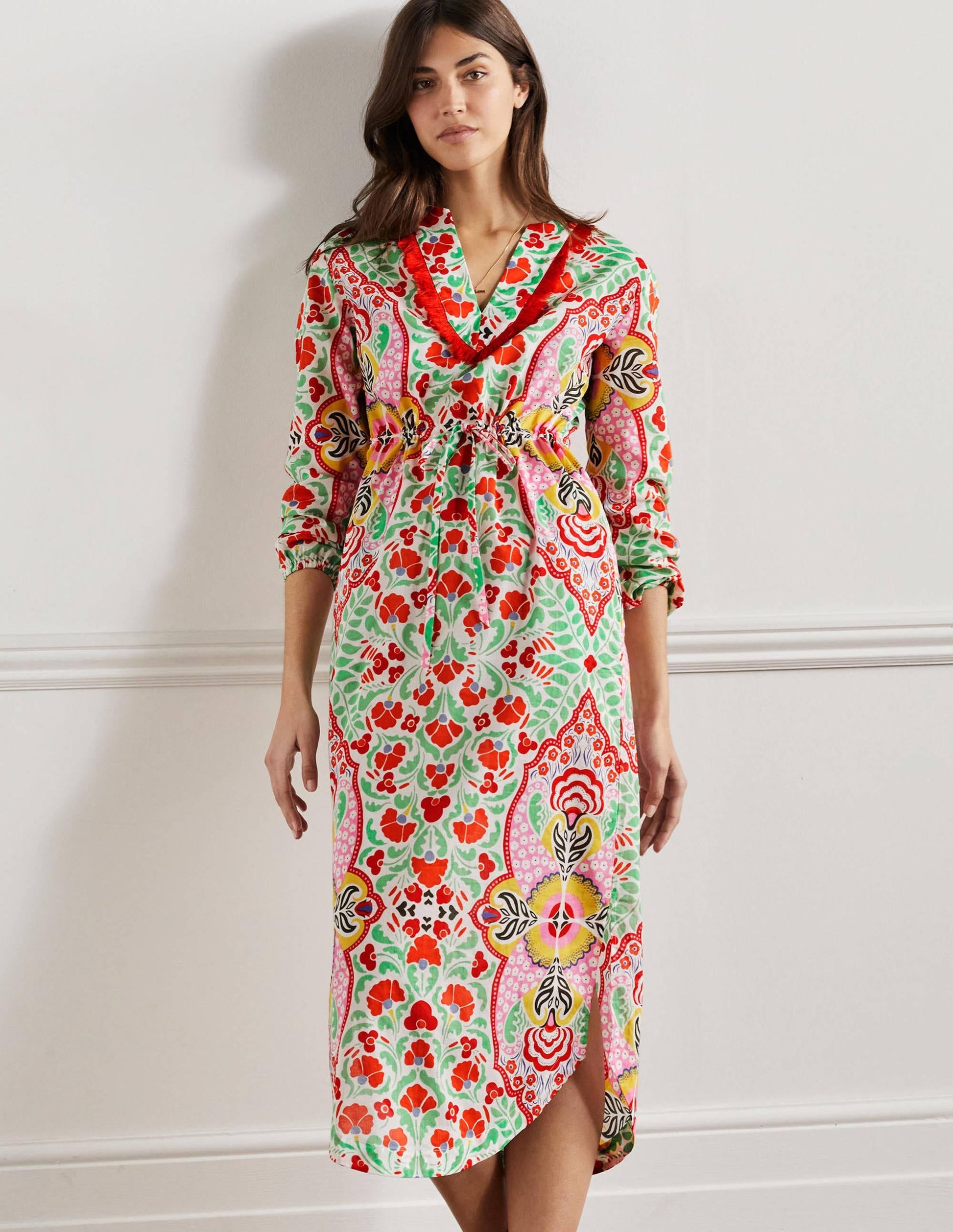 Trim Detail Kaftan Maxi Dress-Bright Papaya, Delicate Bud-1