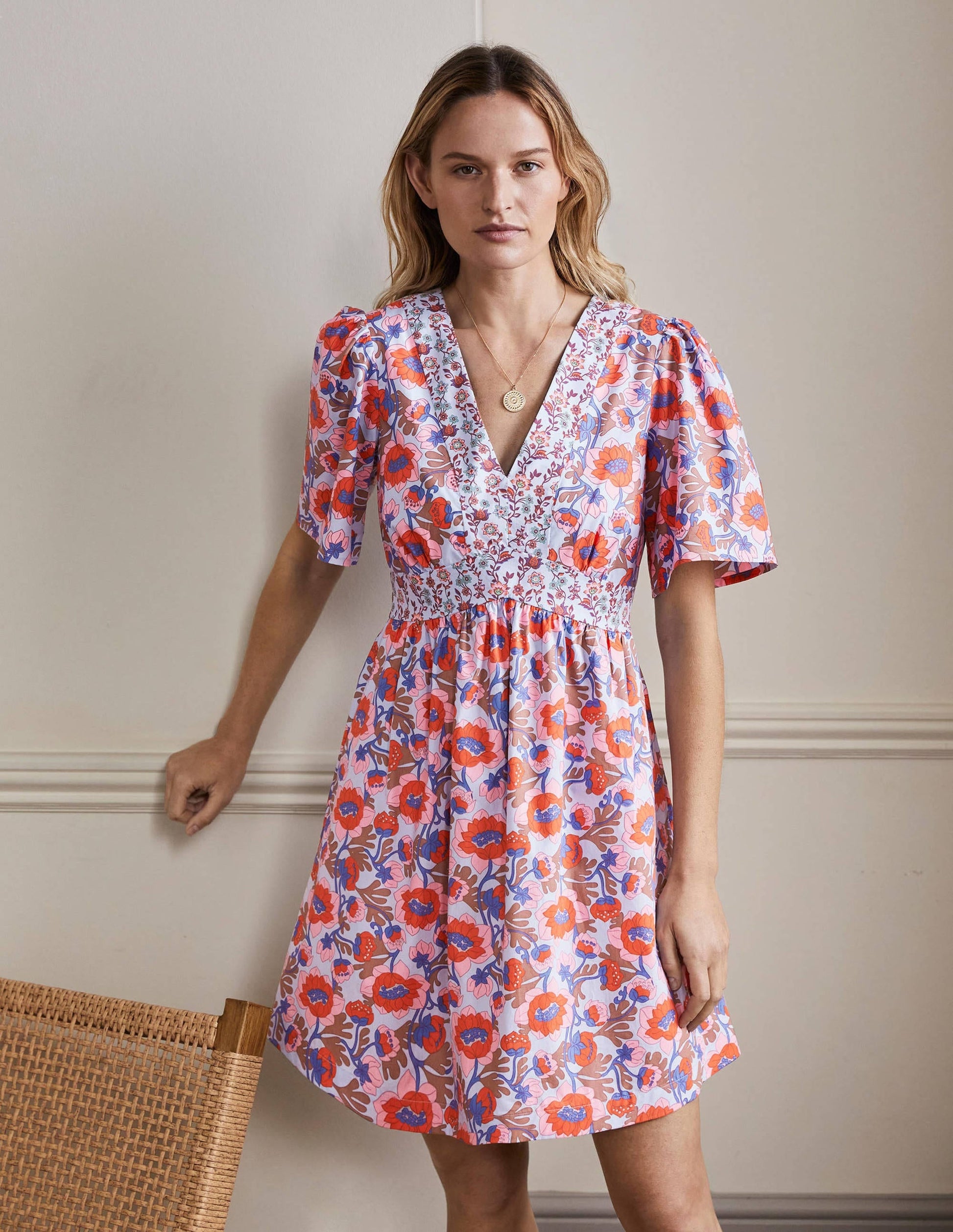 V-Neck Contrast Detail Dress-Dusty Blue, Terrace Bud-1
