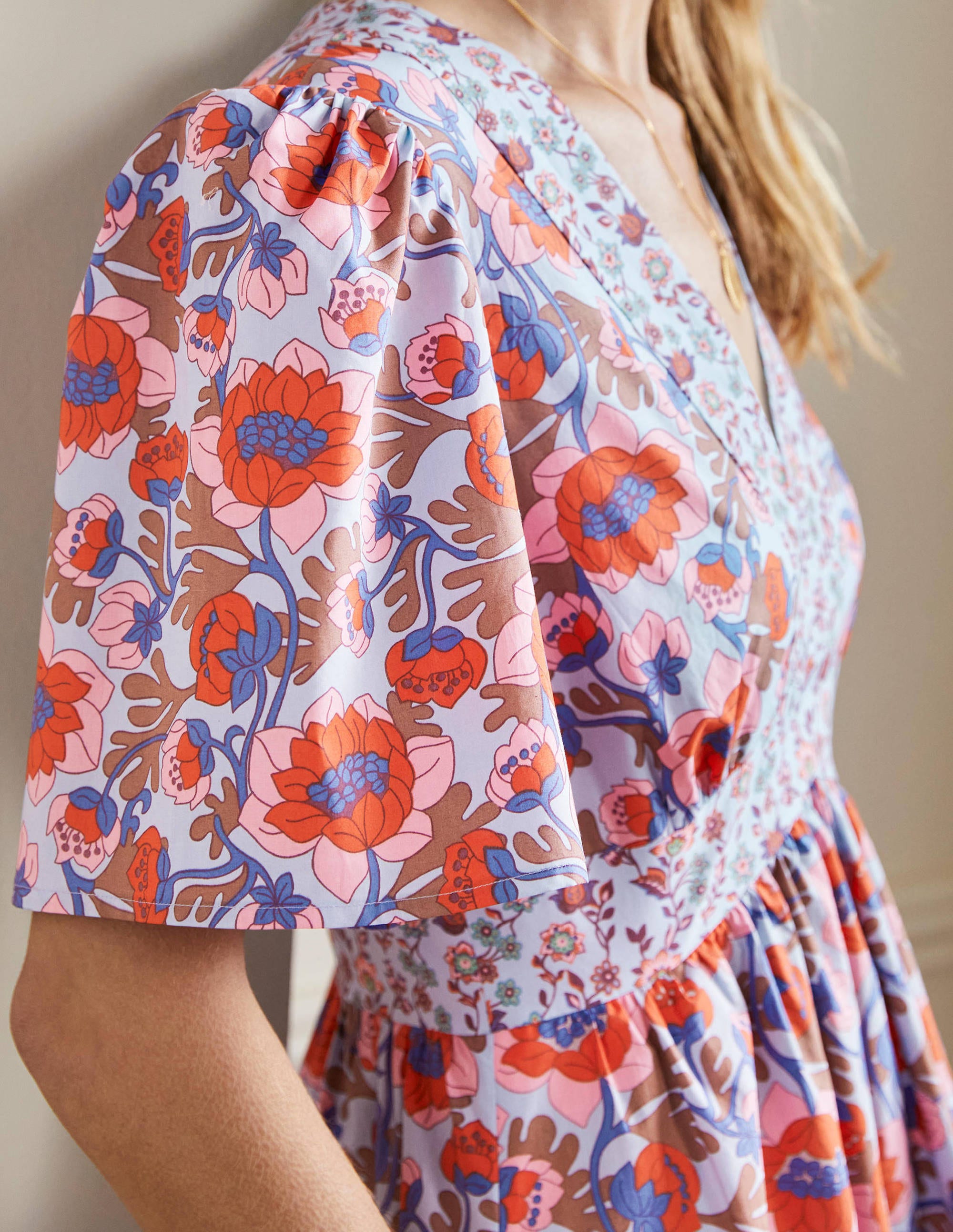 V-Neck Contrast Detail Dress-Dusty Blue, Terrace Bud - Image 2