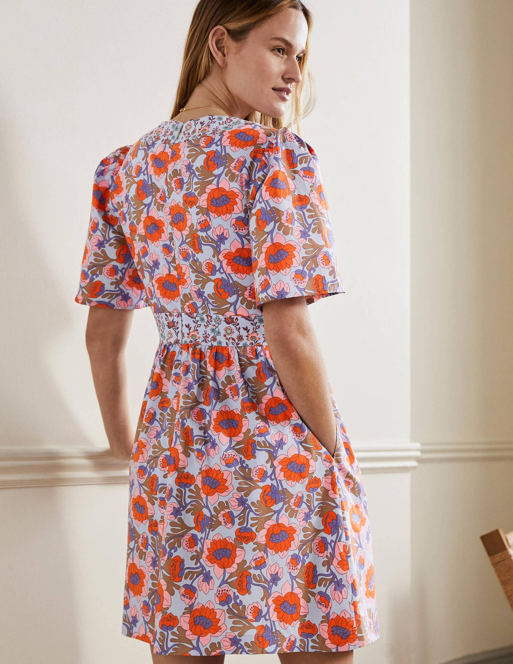 V-Neck Contrast Detail Dress-Dusty Blue, Terrace Bud-3