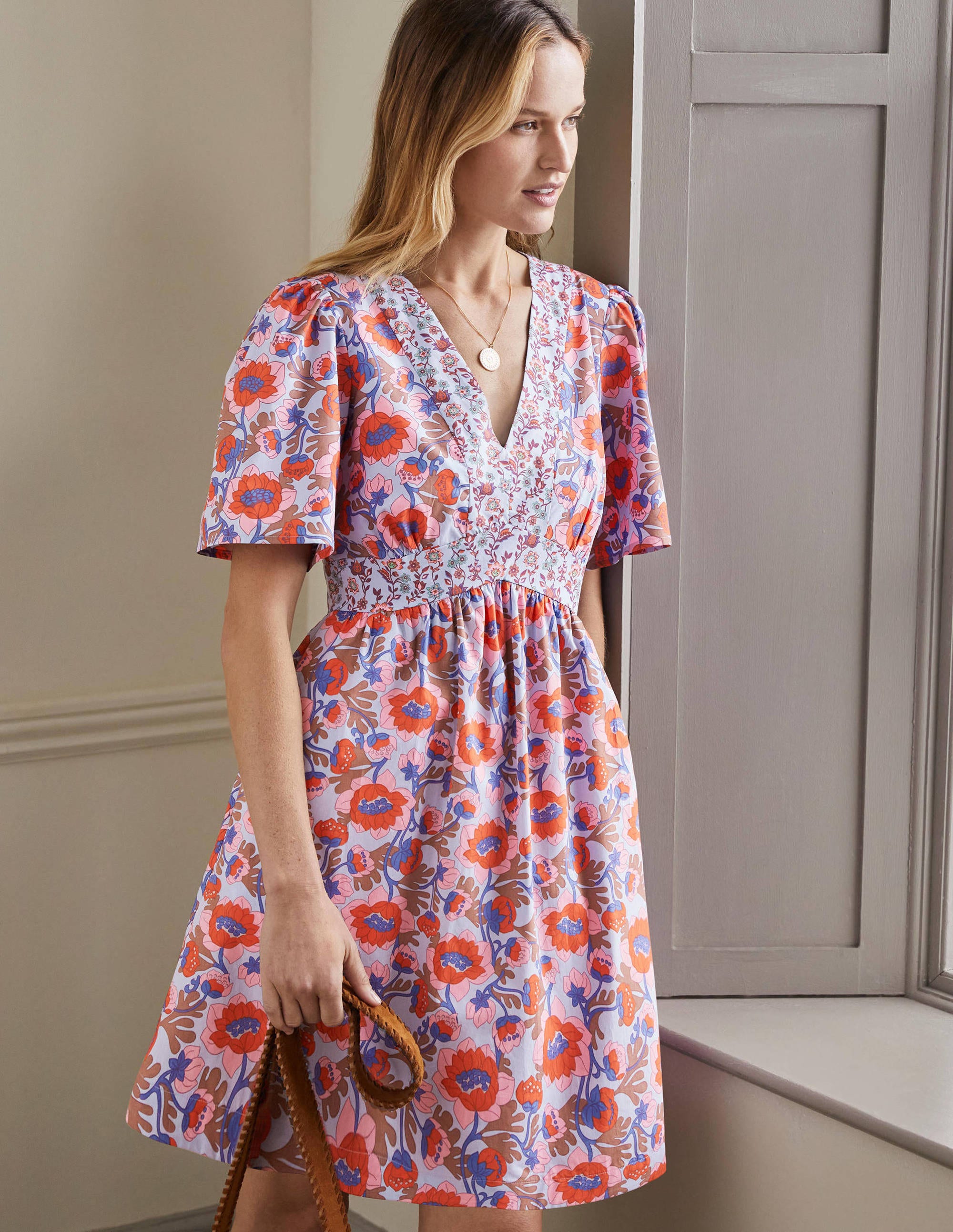 V-Neck Contrast Detail Dress-Dusty Blue, Terrace Bud - Image 4