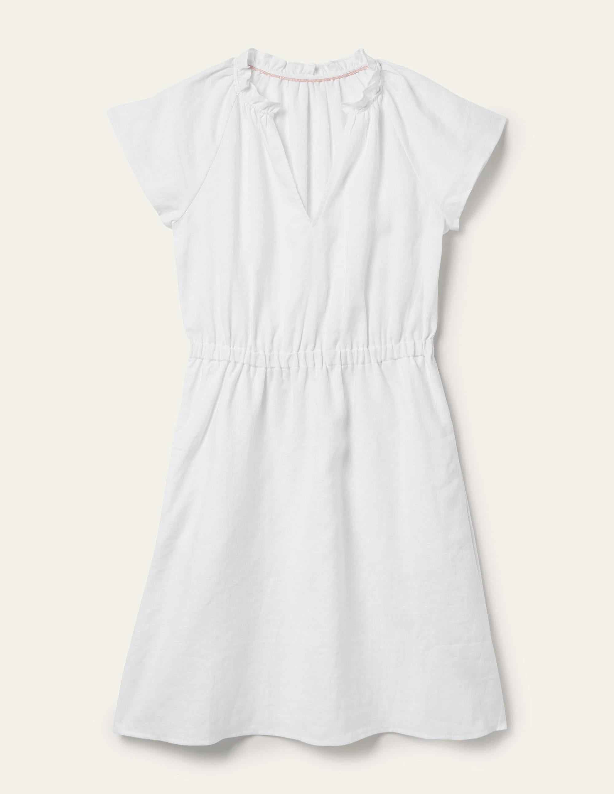 Short Sleeve Linen Dress-White - Image 6