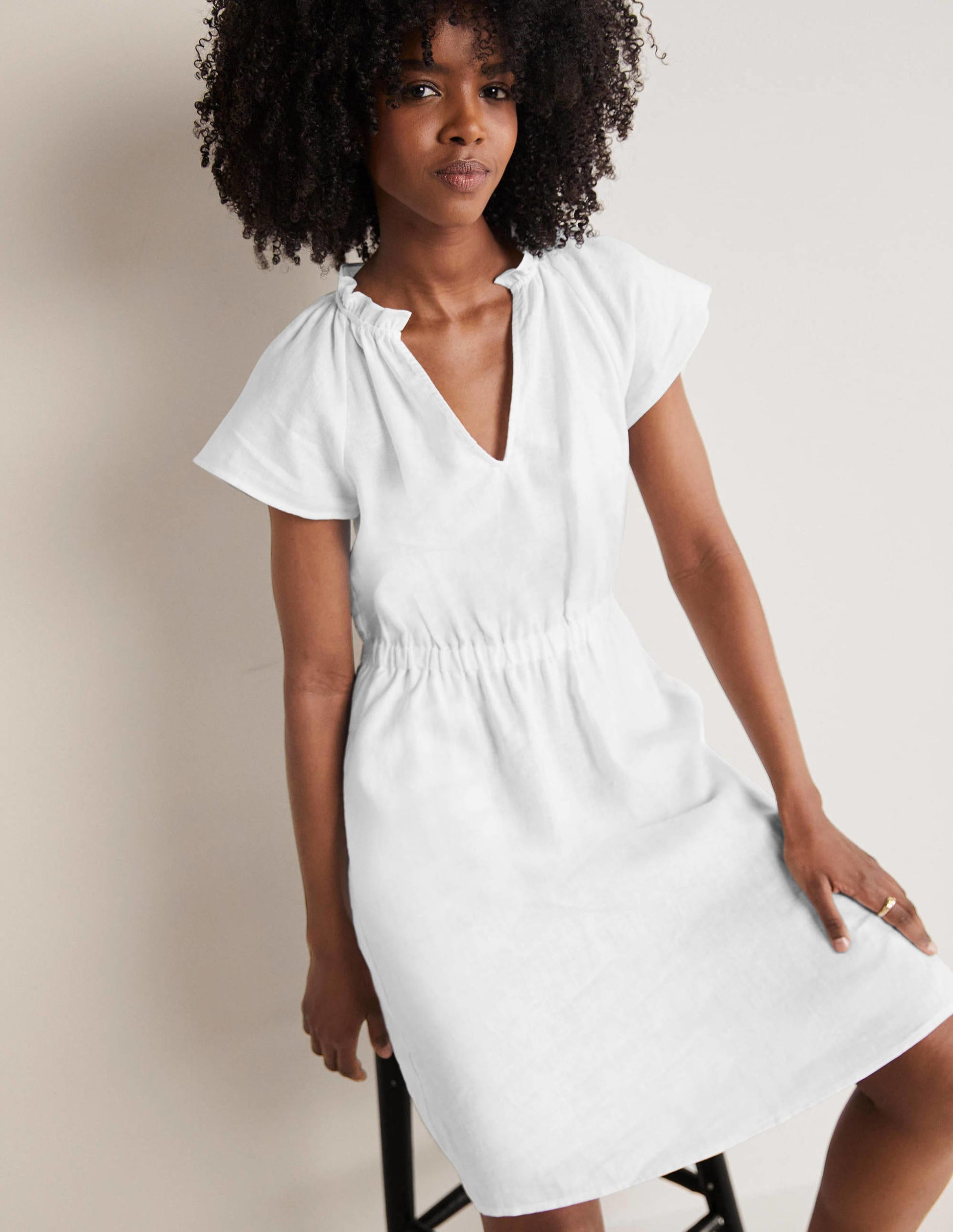 Short Sleeve Linen Dress-White-1