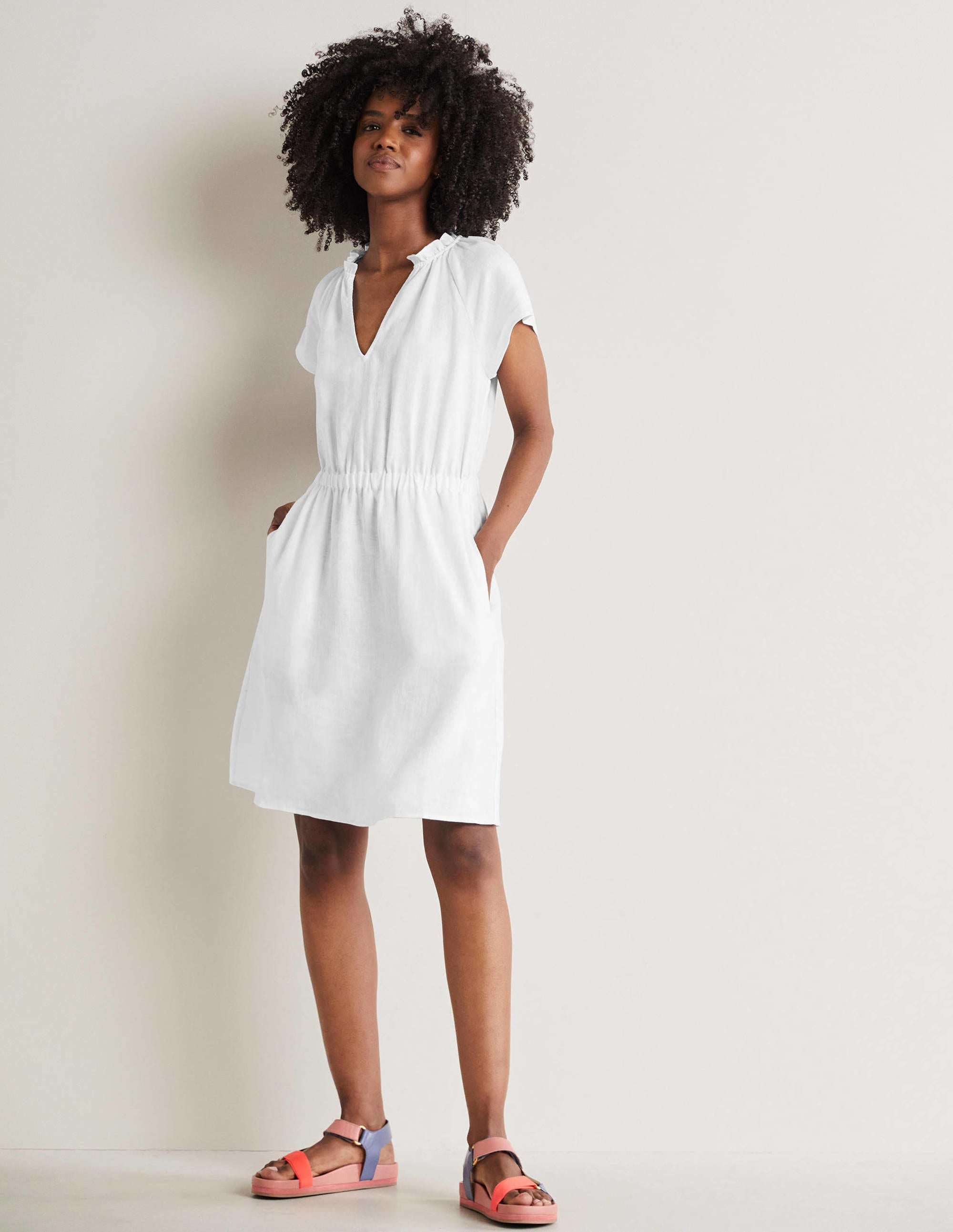 Short Sleeve Linen Dress-White - Image 4