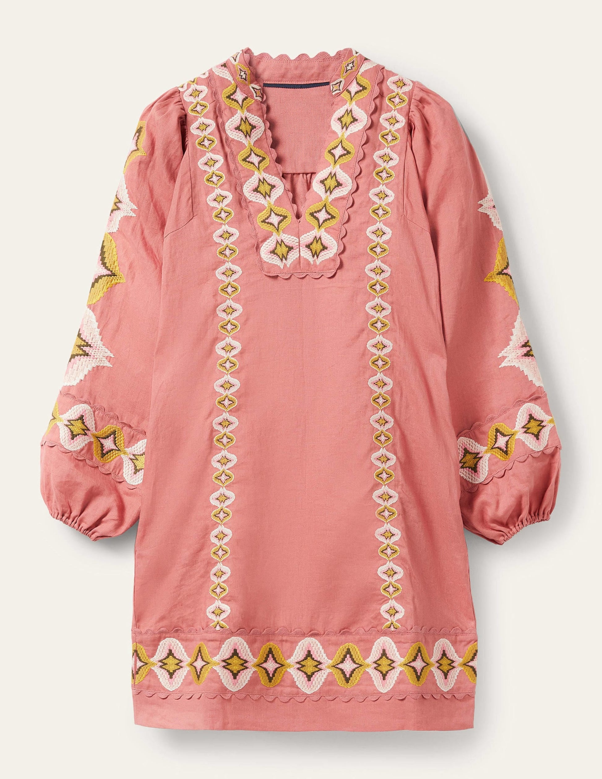 Embroidered Linen Mini Dress-Dusty Red-7