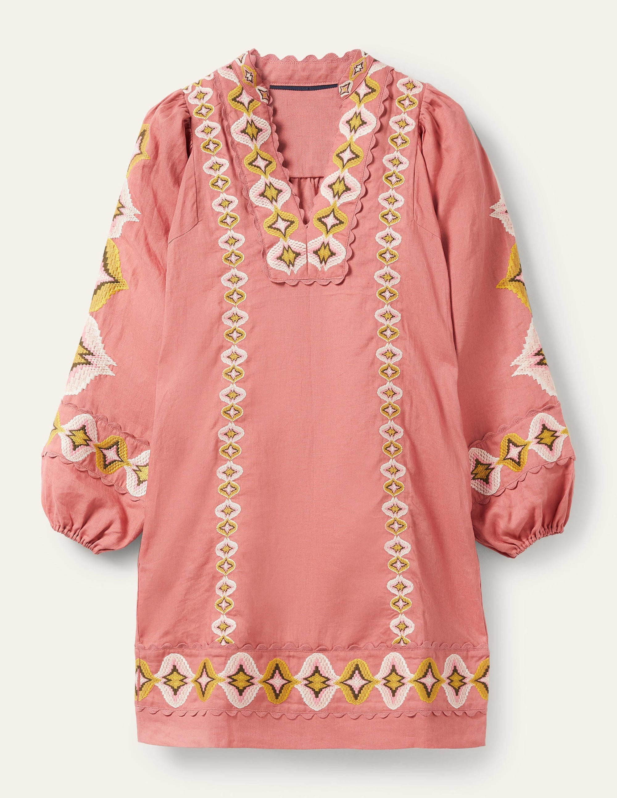 Embroidered Linen Mini Dress-Dusty Red - Image 7