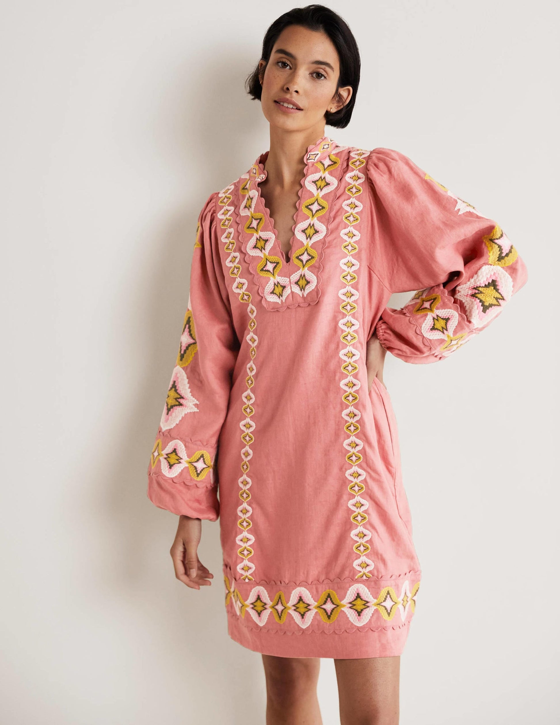 Embroidered Linen Mini Dress-Dusty Red-1
