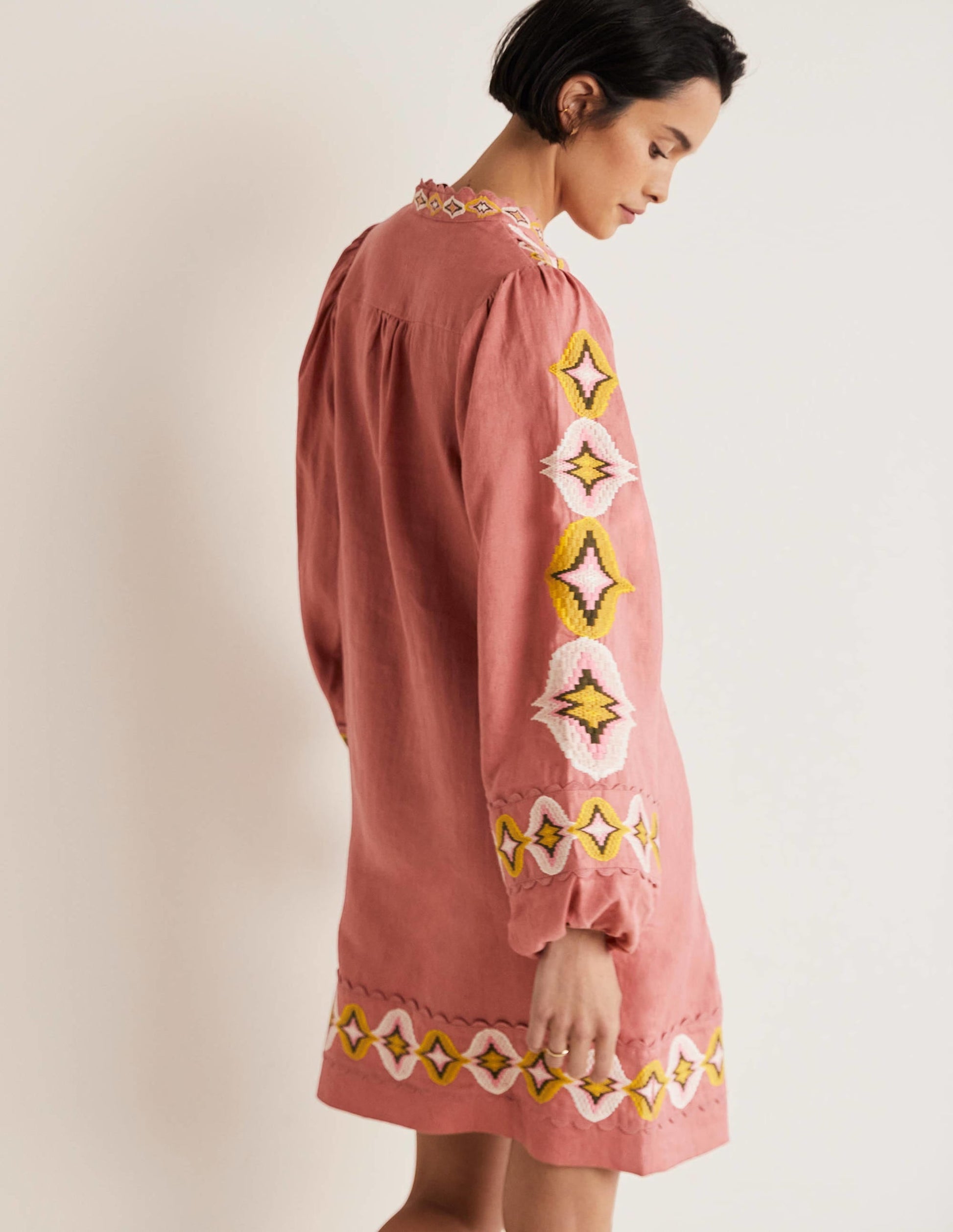 Embroidered Linen Mini Dress-Dusty Red-3