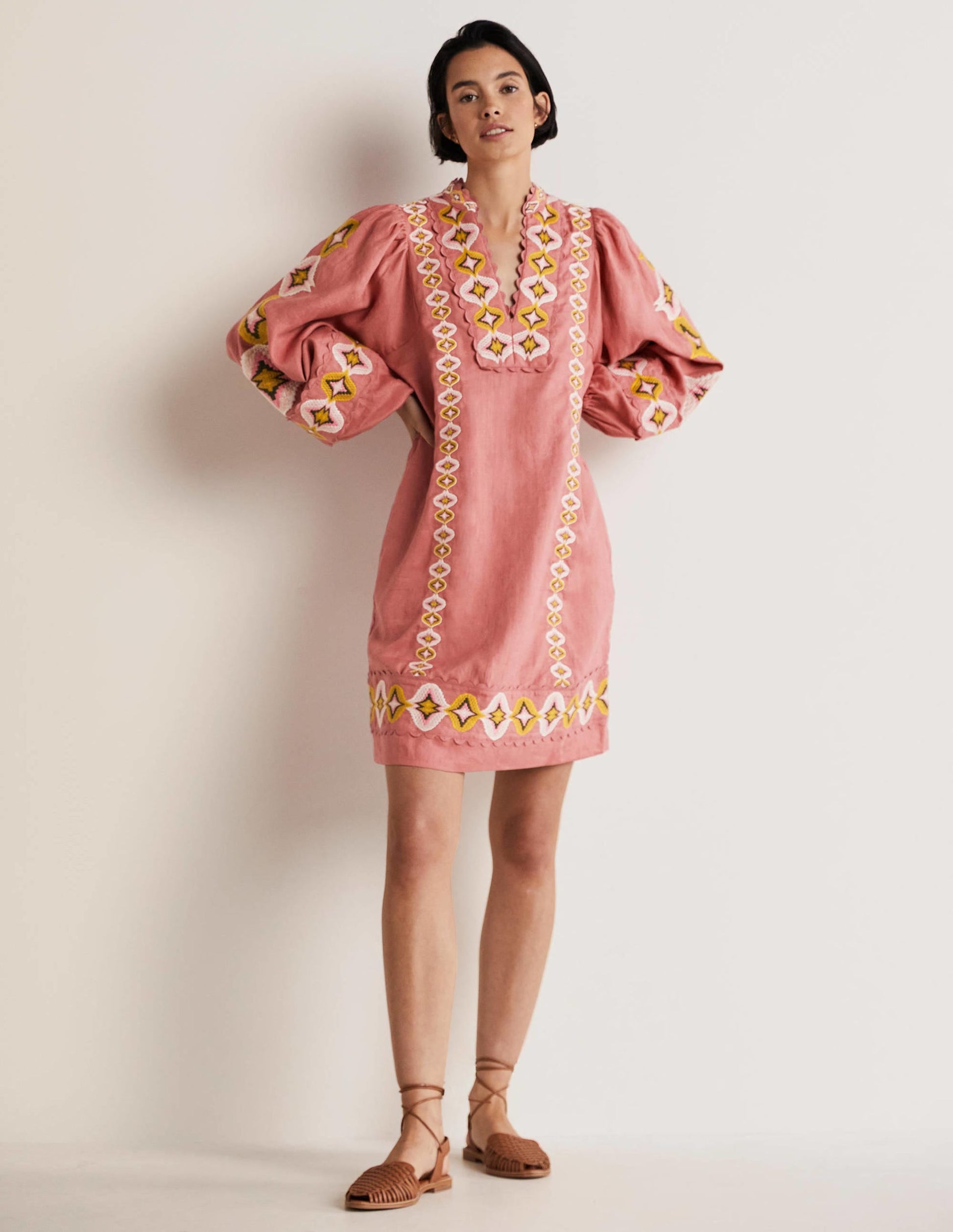 Embroidered Linen Mini Dress-Dusty Red-6