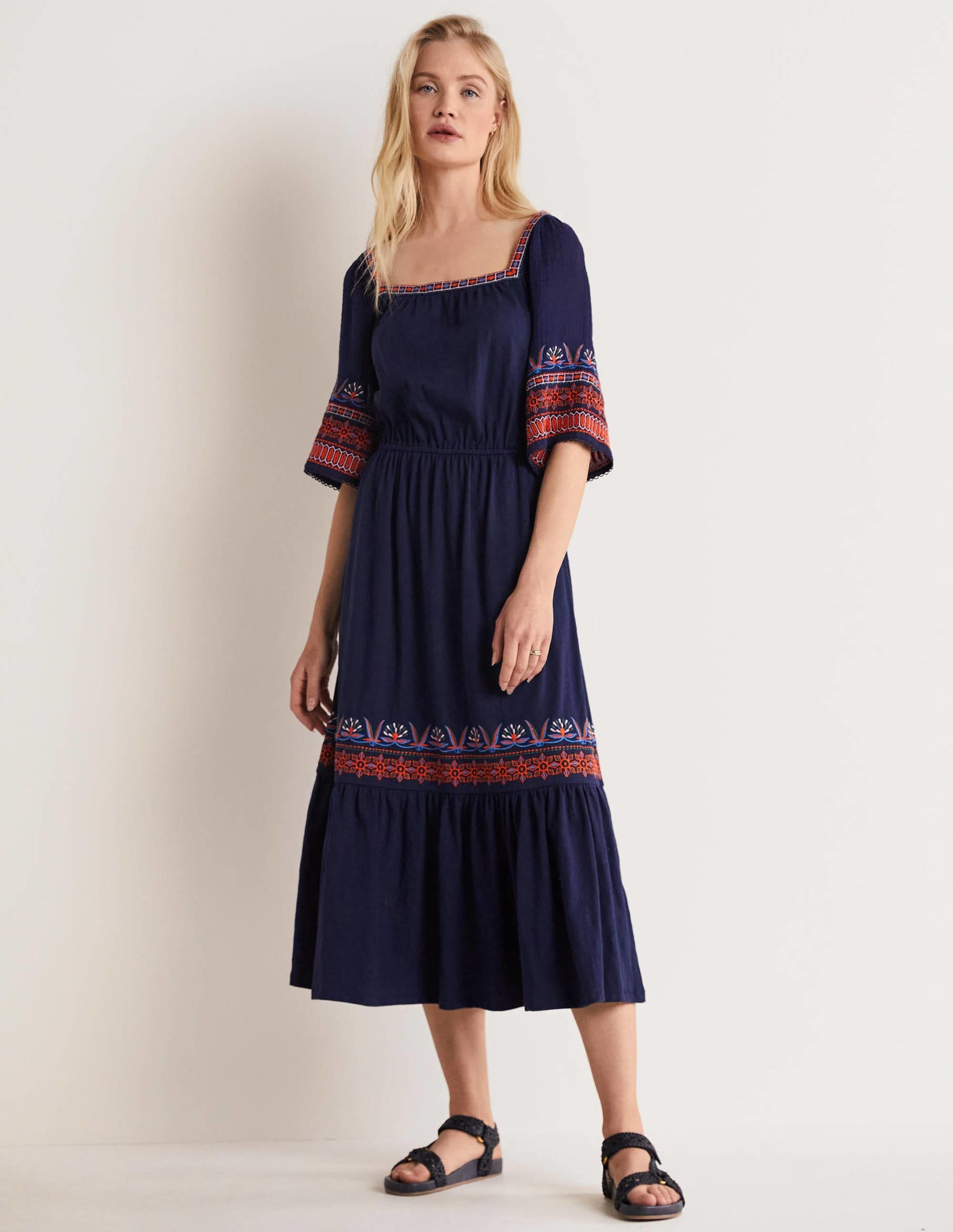 Jersey Embroidered Midi Dress-Navy-1
