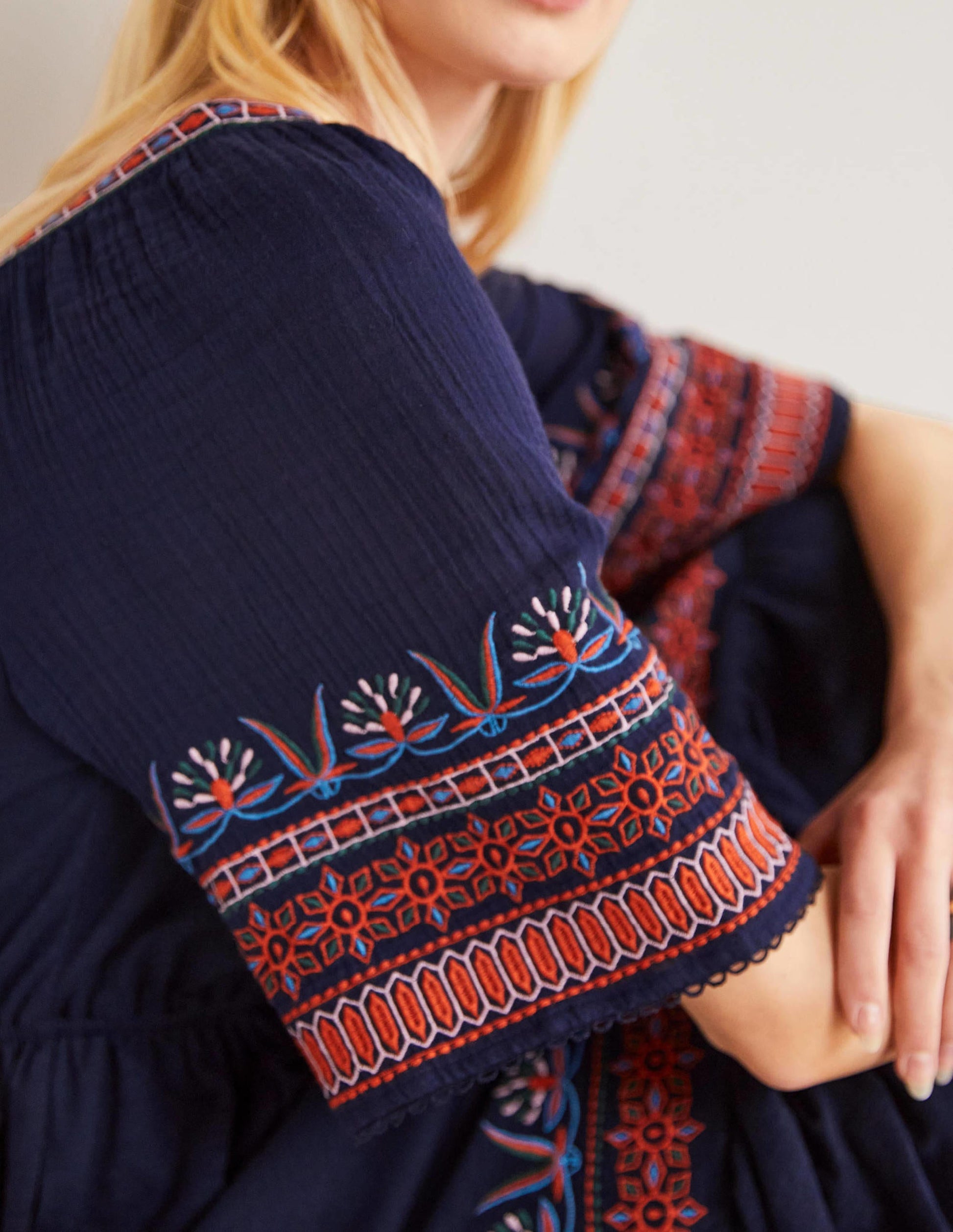 Jersey Embroidered Midi Dress-Navy-2