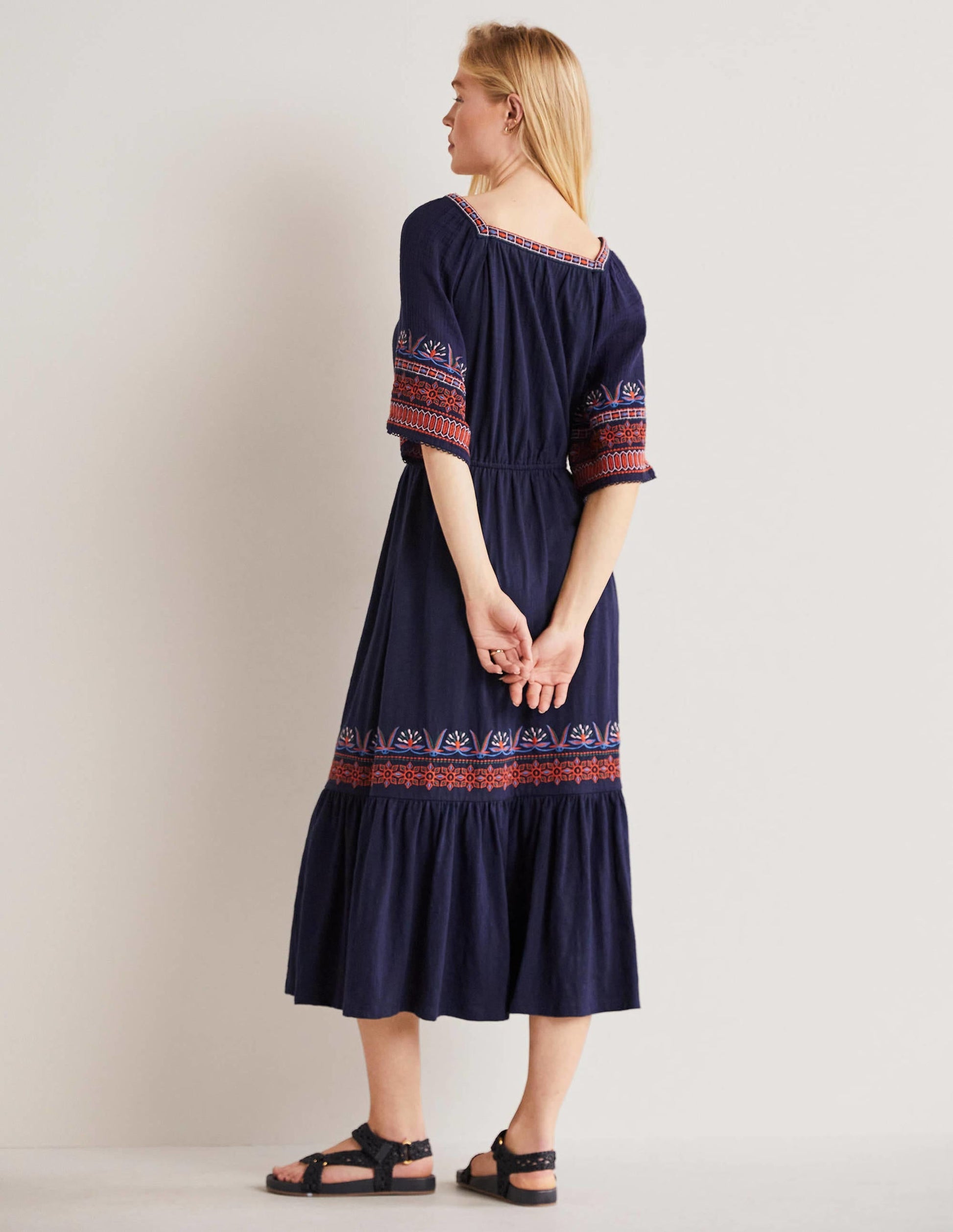 Jersey Embroidered Midi Dress-Navy-3