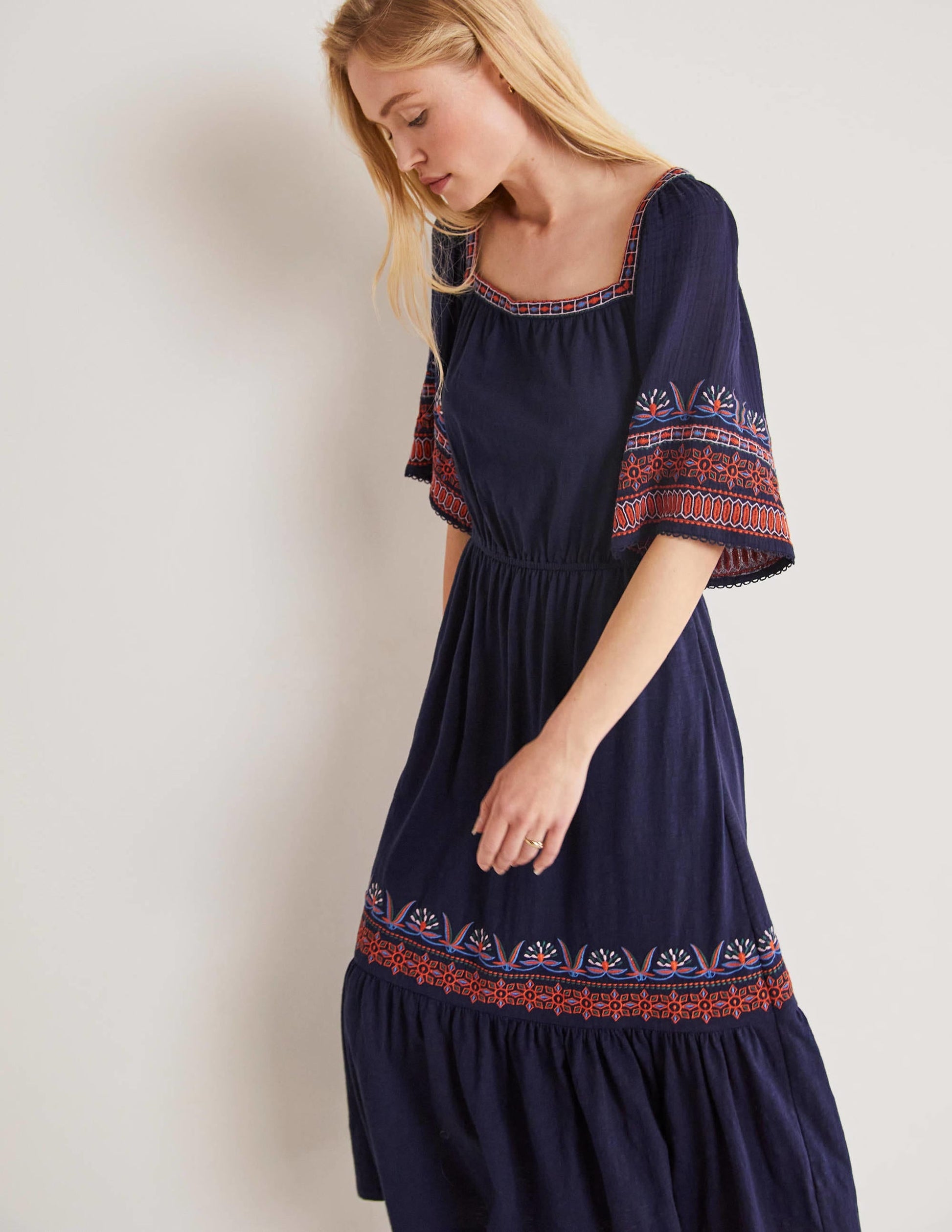 Jersey Embroidered Midi Dress-Navy-4