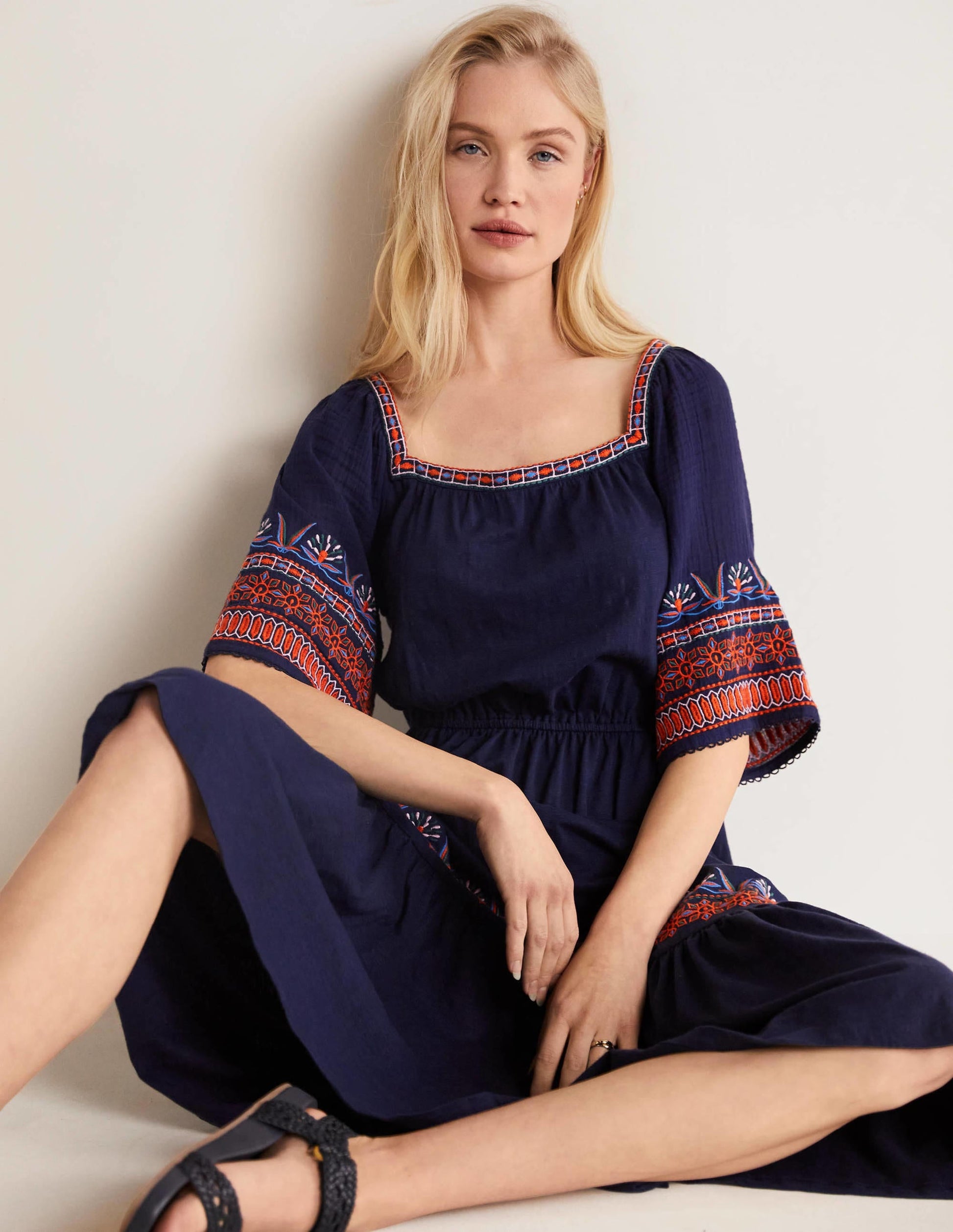 Jersey Embroidered Midi Dress-Navy-5