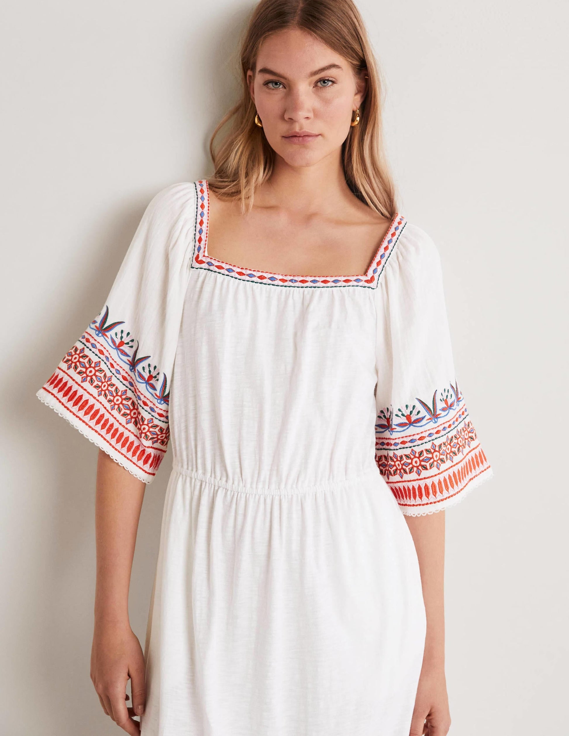Jersey Embroidered Midi Dress-White-6