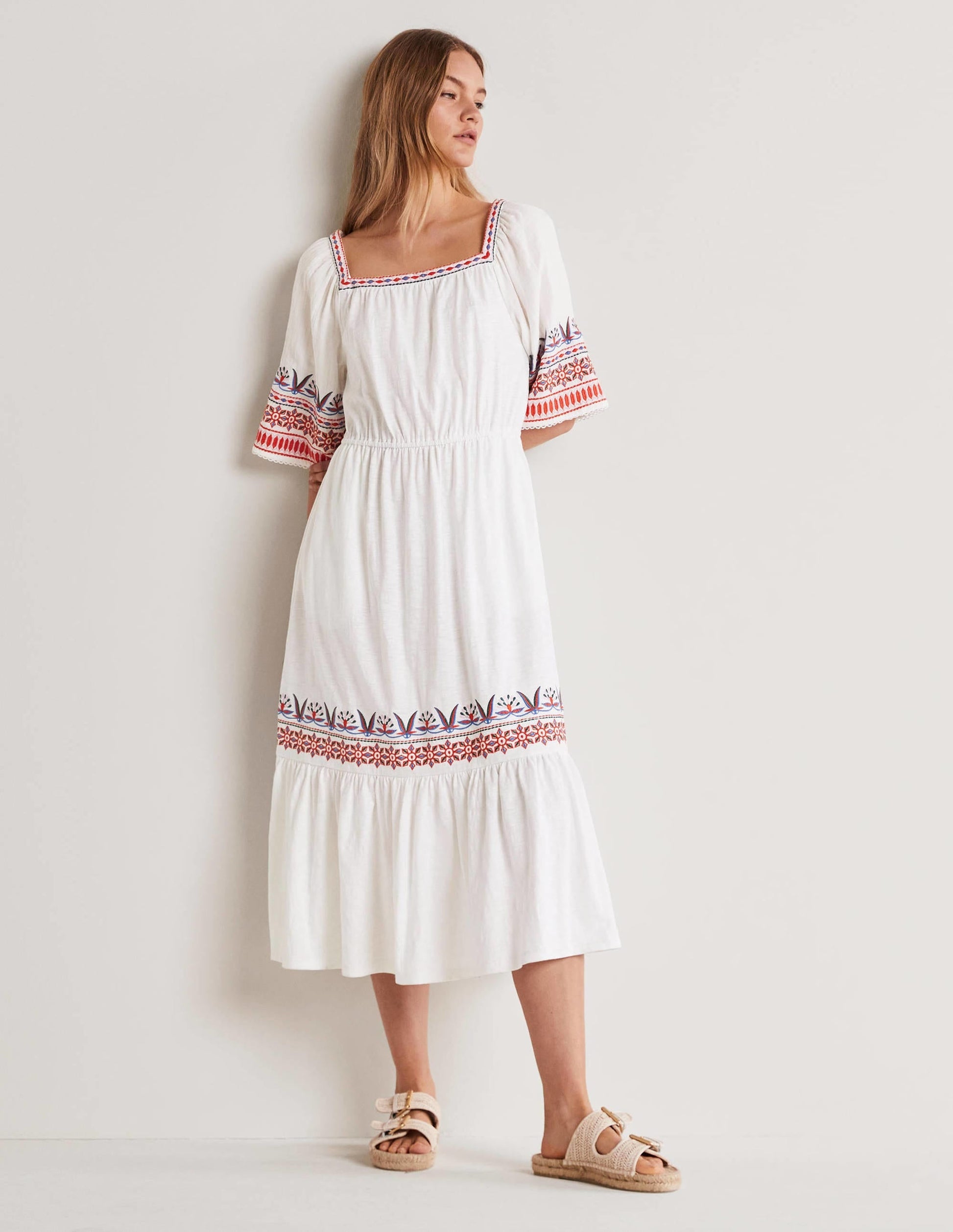 Jersey Embroidered Midi Dress-White-1