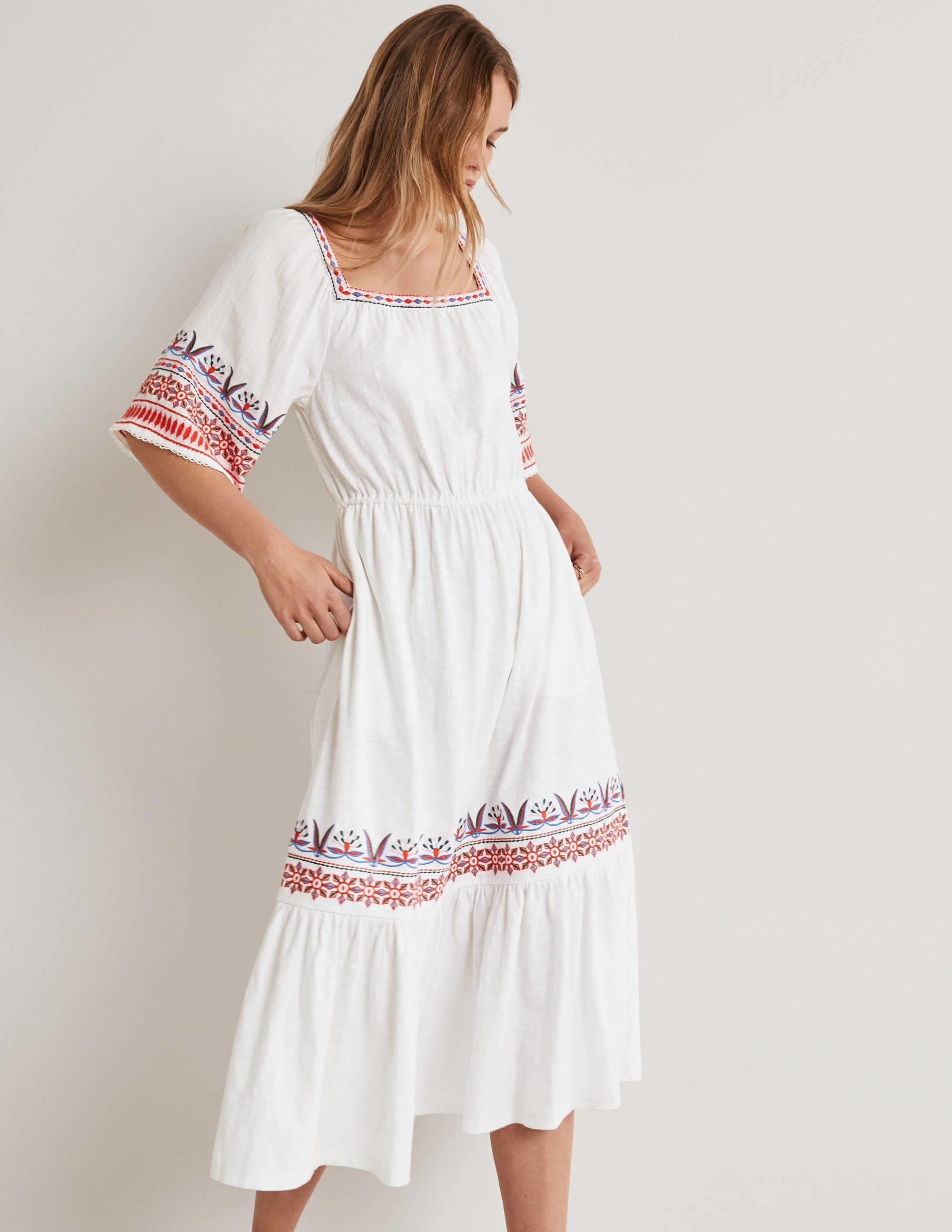 Jersey Embroidered Midi Dress-White - Image 4