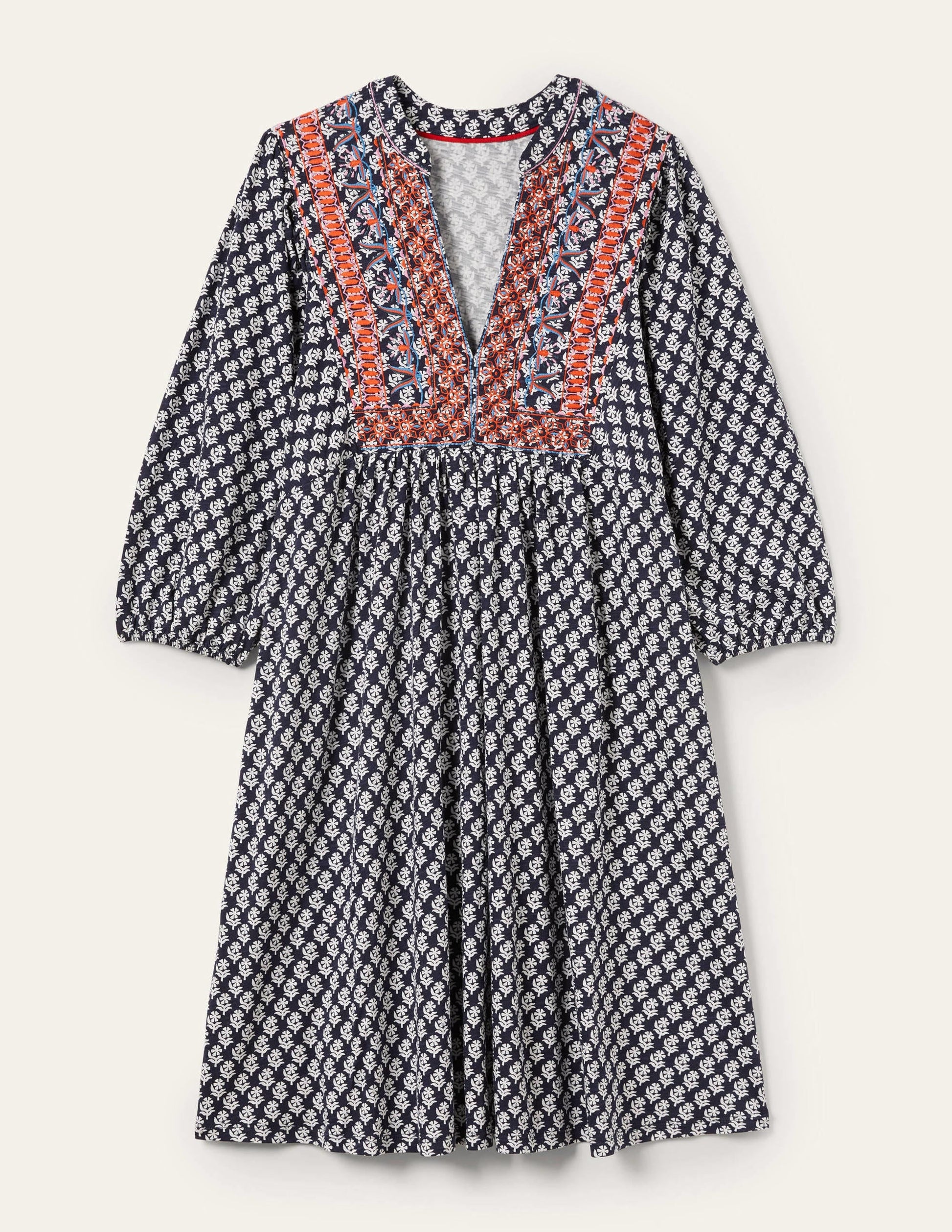 Embroidered Jersey Dress-Navy, Woodblock Bloom-6