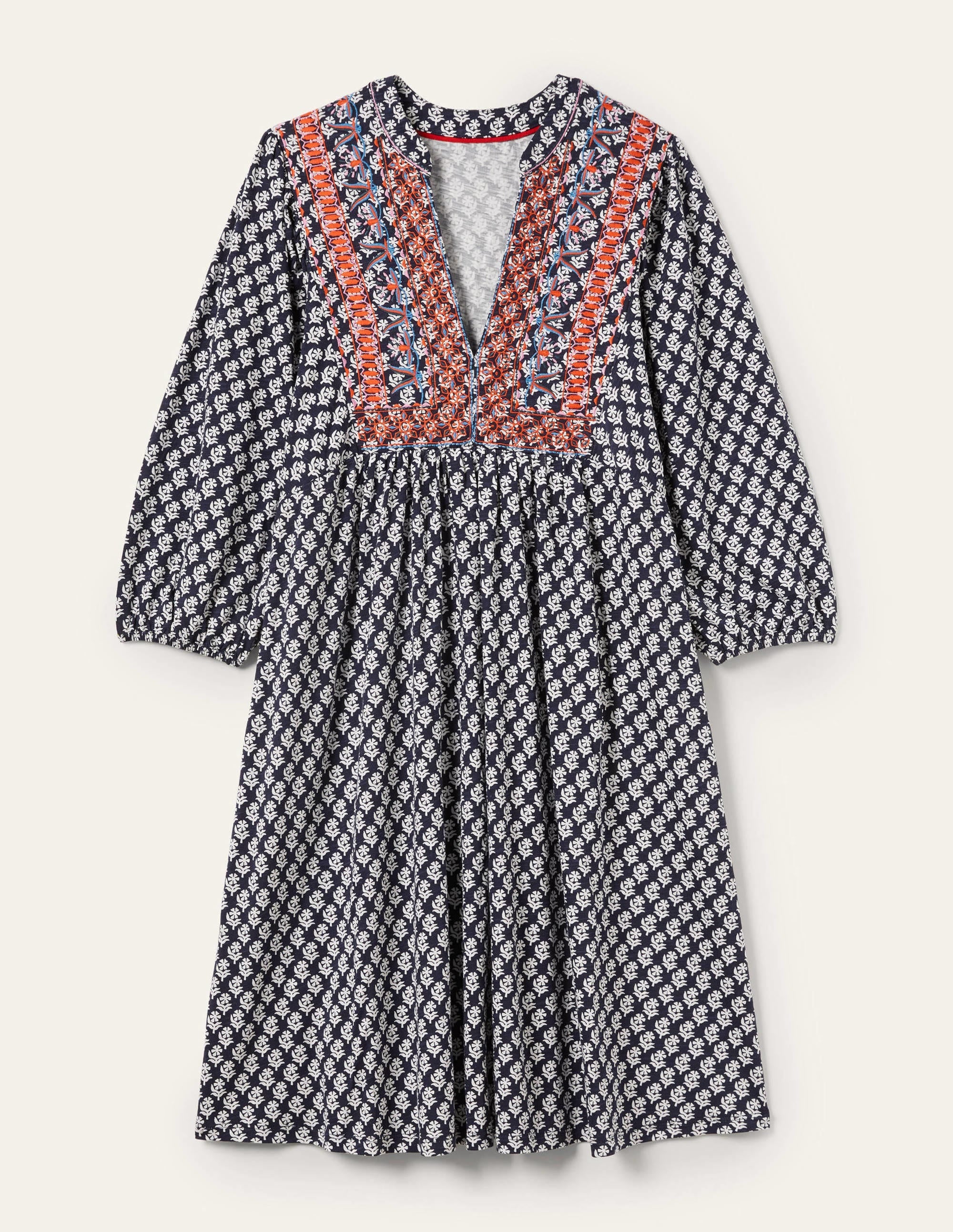 Embroidered Jersey Dress-Navy, Woodblock Bloom - Image 6