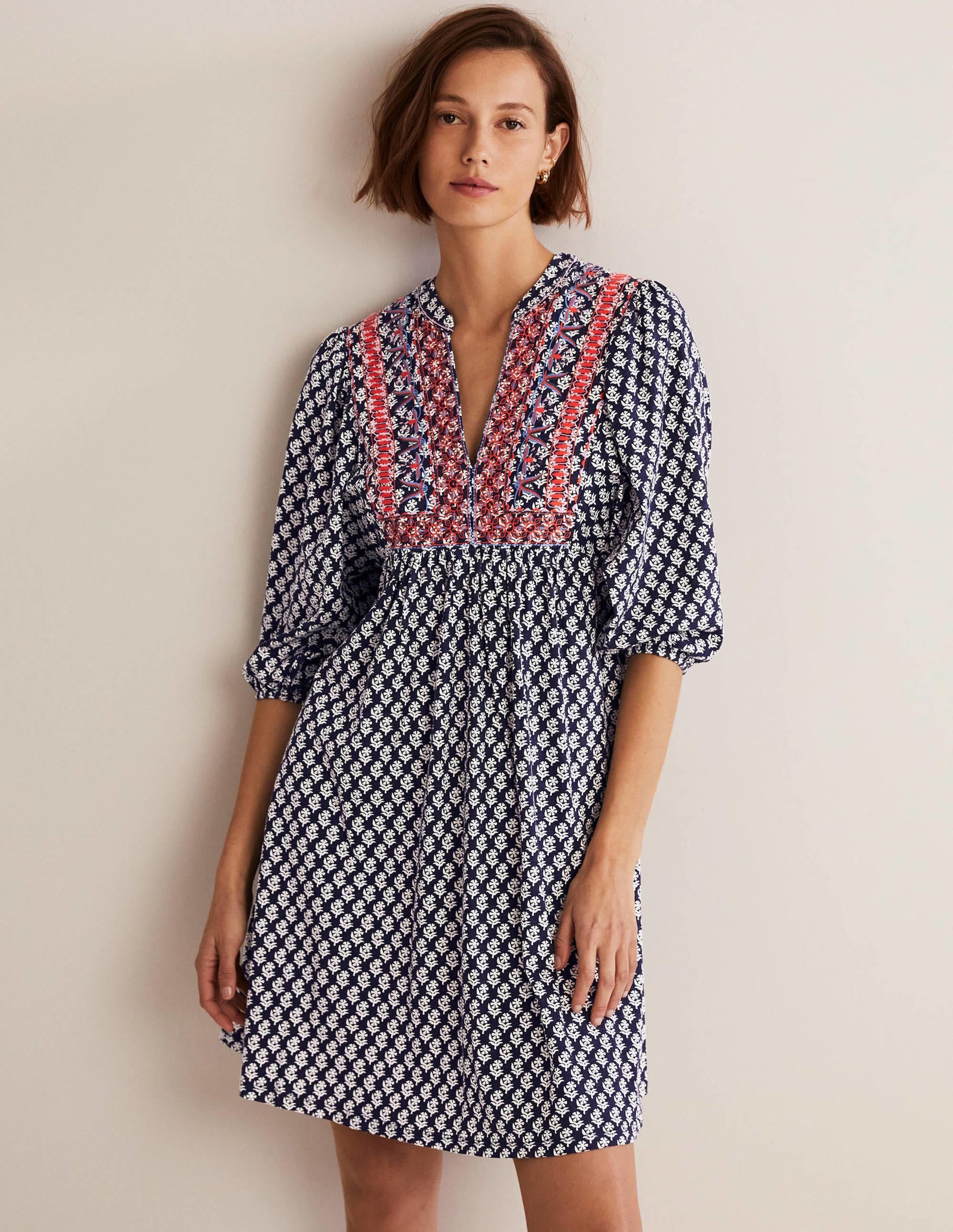 Embroidered Jersey Dress-Navy, Woodblock Bloom-1