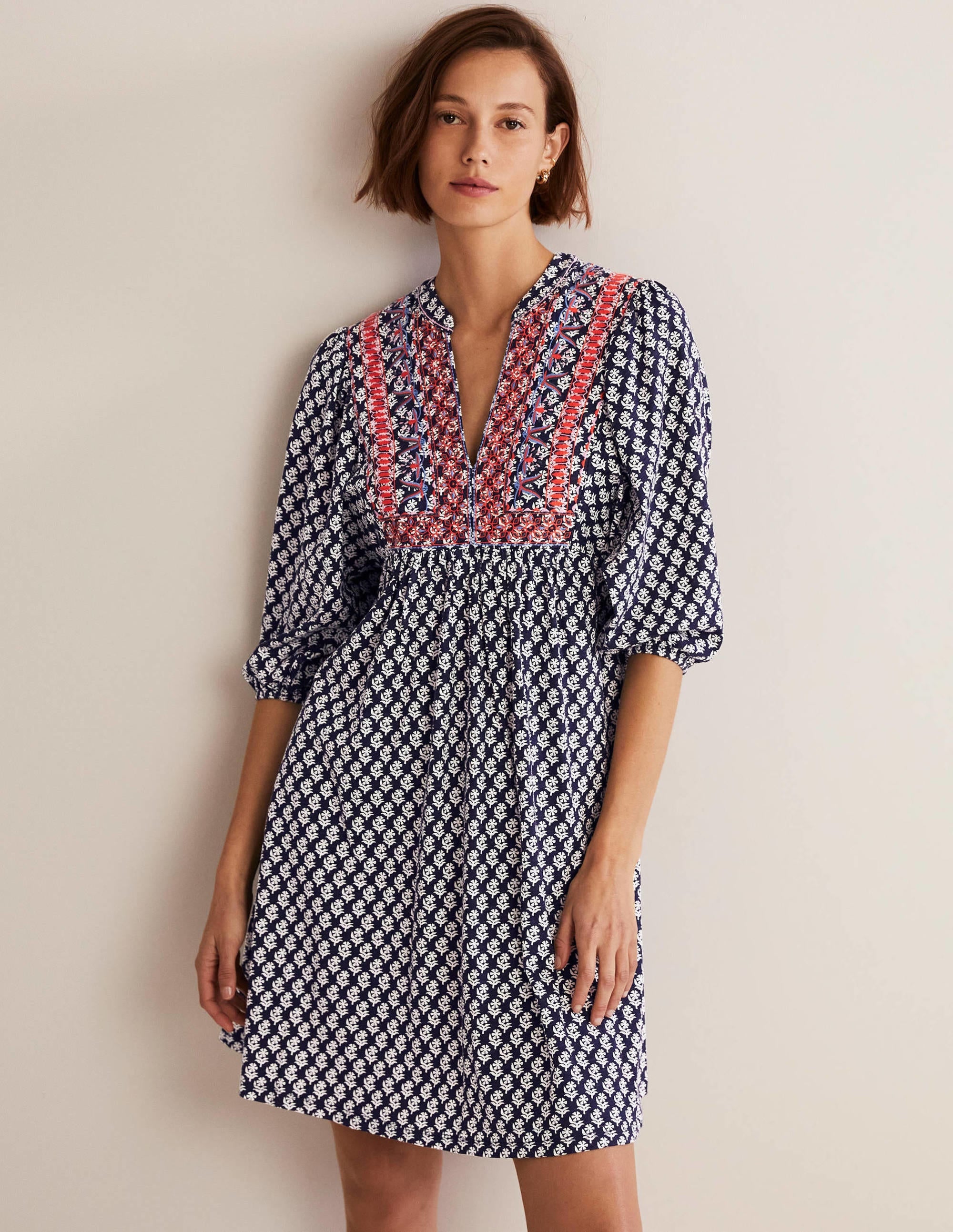 Embroidered Jersey Dress-Navy, Woodblock Bloom - Image 1