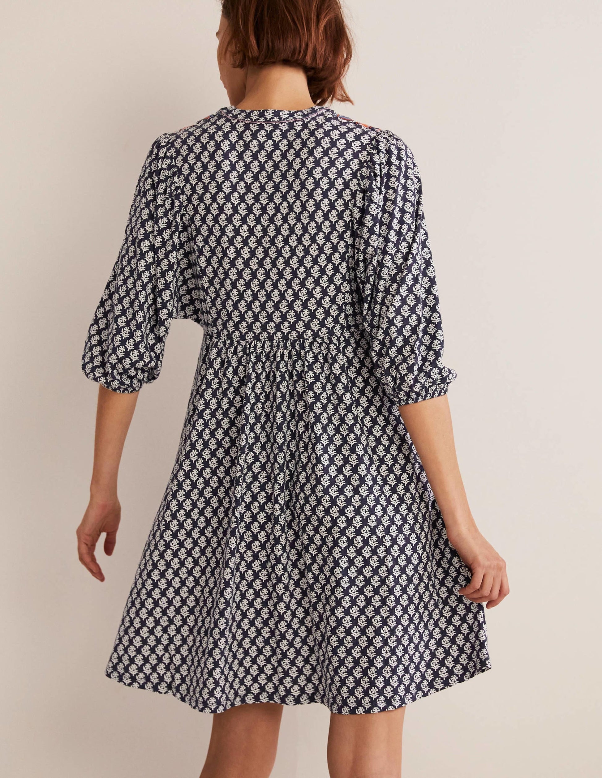 Embroidered Jersey Dress-Navy, Woodblock Bloom-3