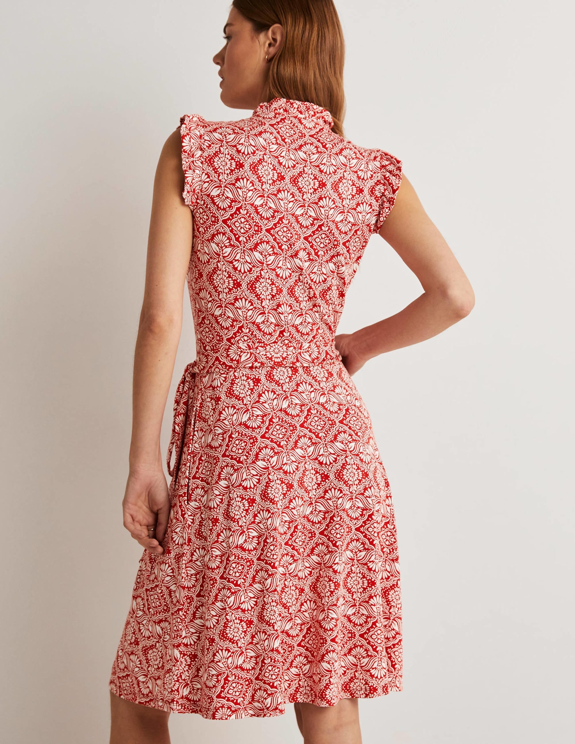Ruffle Fixed Wrap Jersey Dress-Aurora Red, Oriental Diamond - Image 7