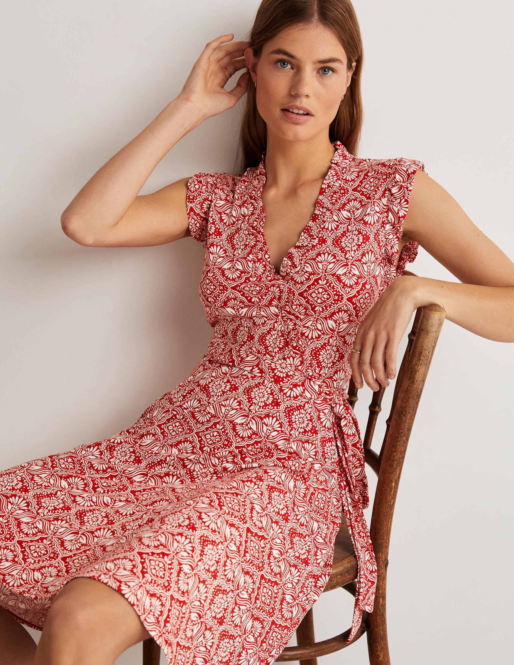 Ruffle Fixed Wrap Jersey Dress-Aurora Red, Oriental Diamond - Image 4