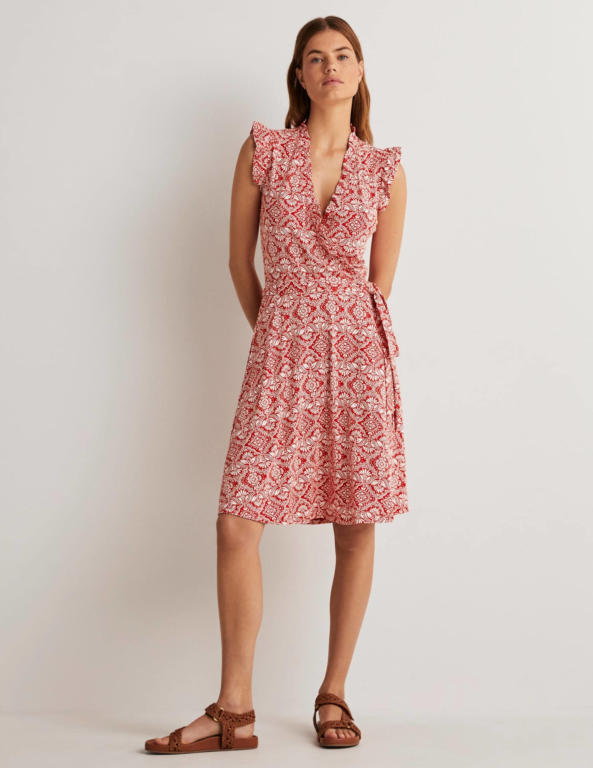 Ruffle Fixed Wrap Jersey Dress-Aurora Red, Oriental Diamond - Image 5