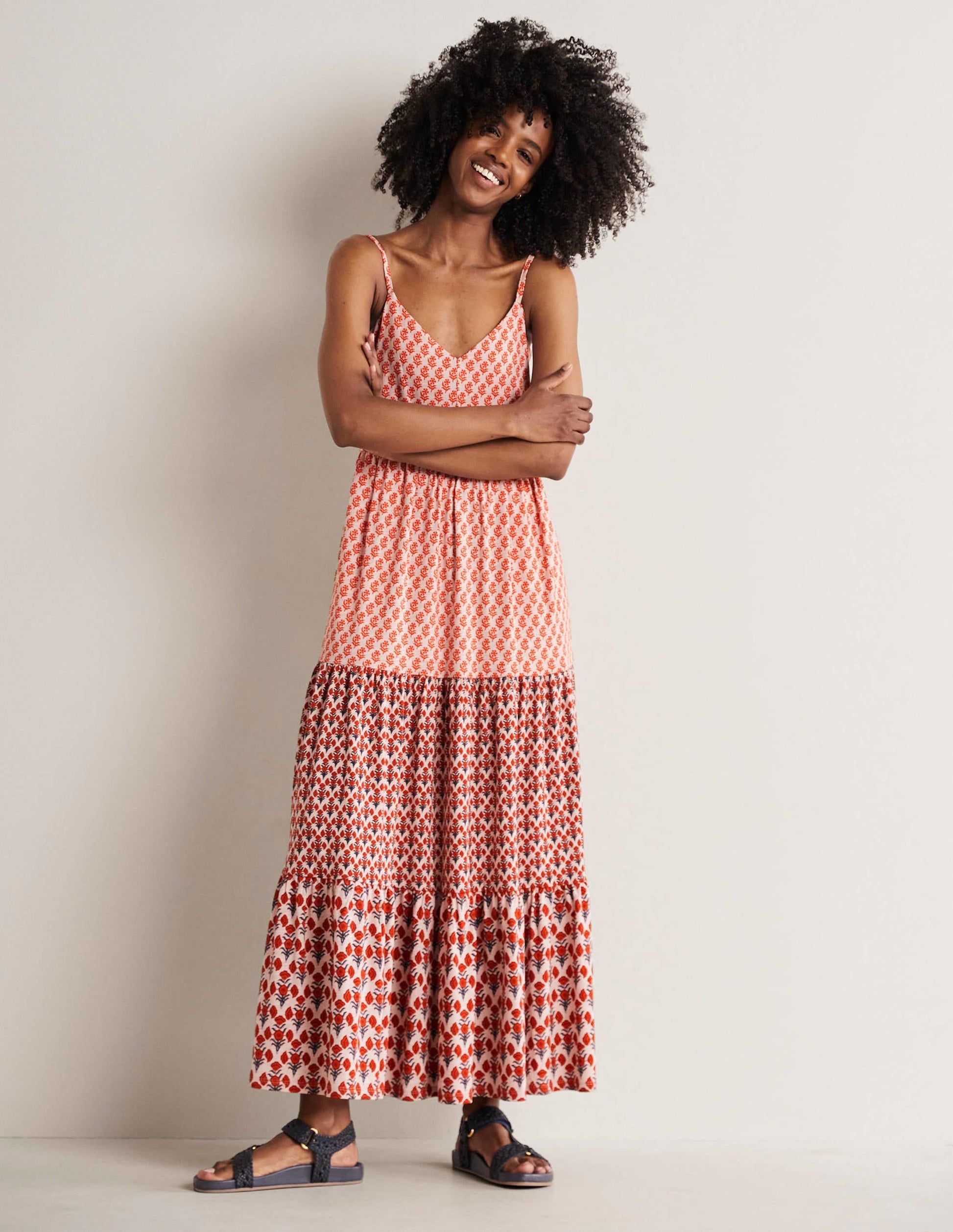 Strappy Jersey Maxi Dress-Milkshake, Woodblock Bloom-1