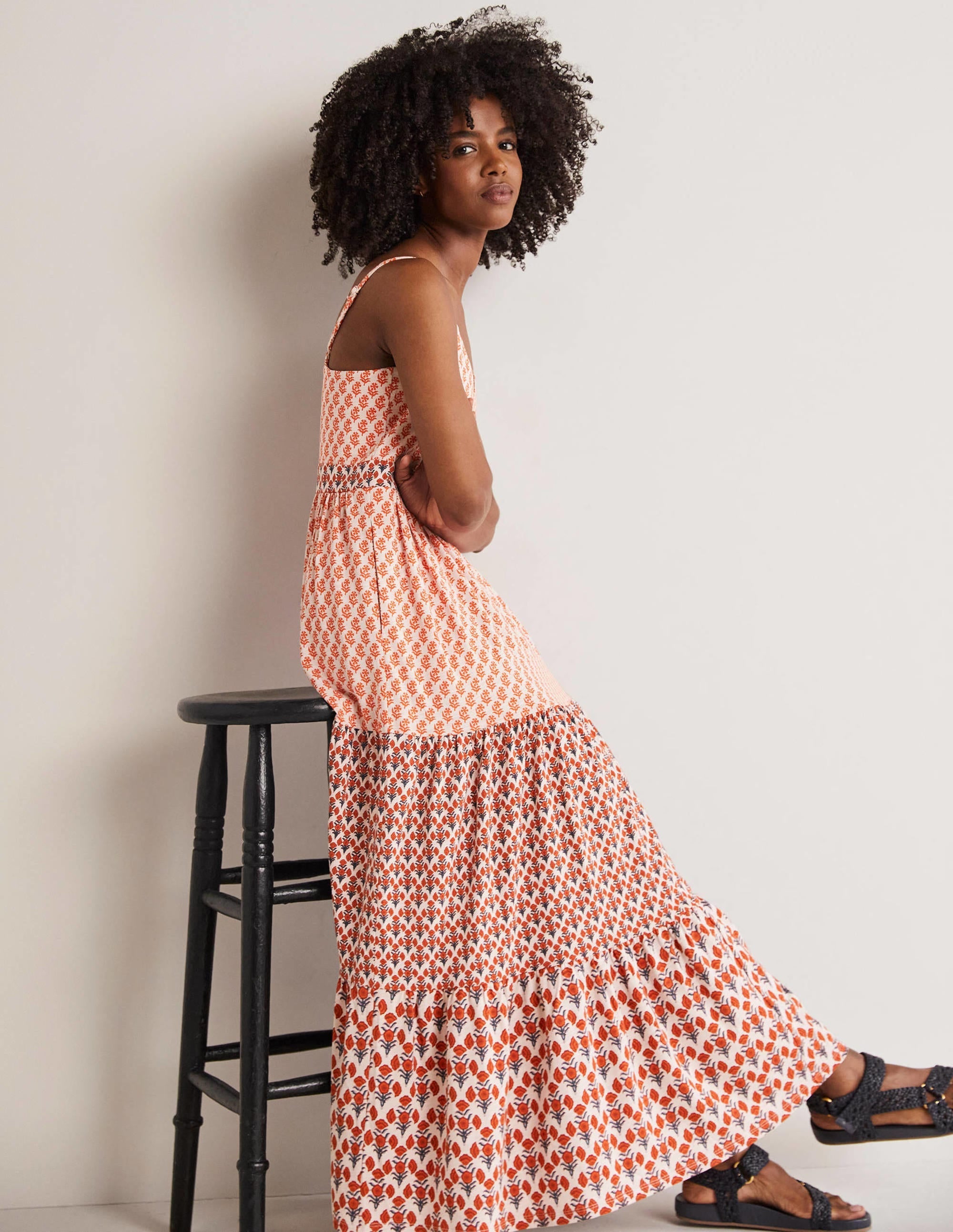 Strappy Jersey Maxi Dress-Milkshake, Woodblock Bloom - Image 4