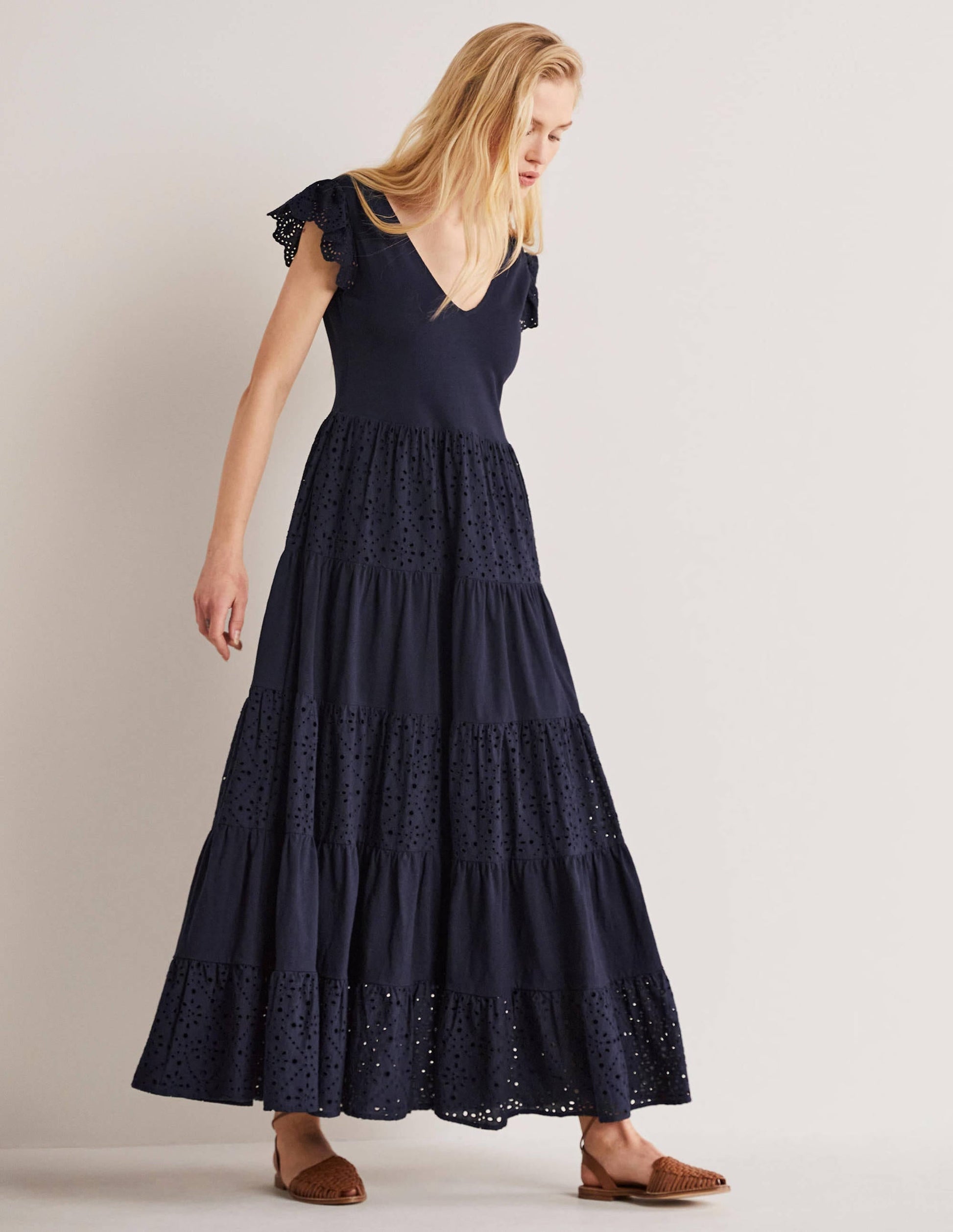Broderie Mix Jersey Maxi Dress-Navy-2
