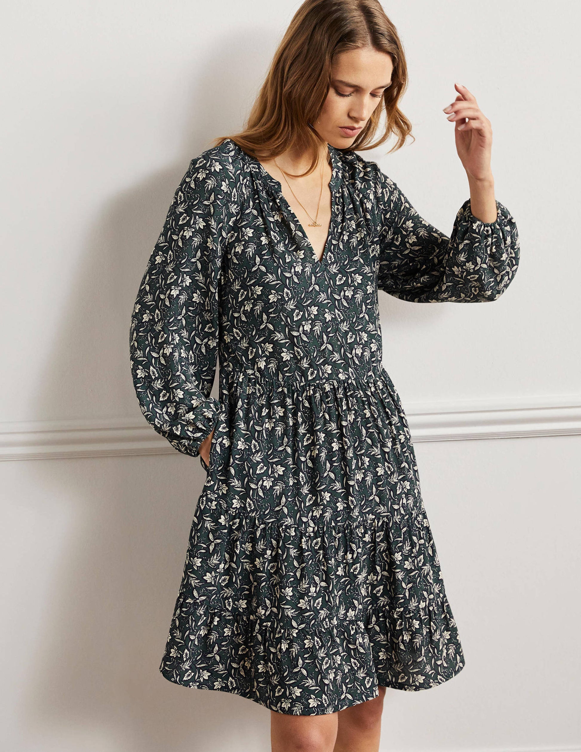 Notch Neck Tiered Dress-Trekking Green, Wild Flora-1