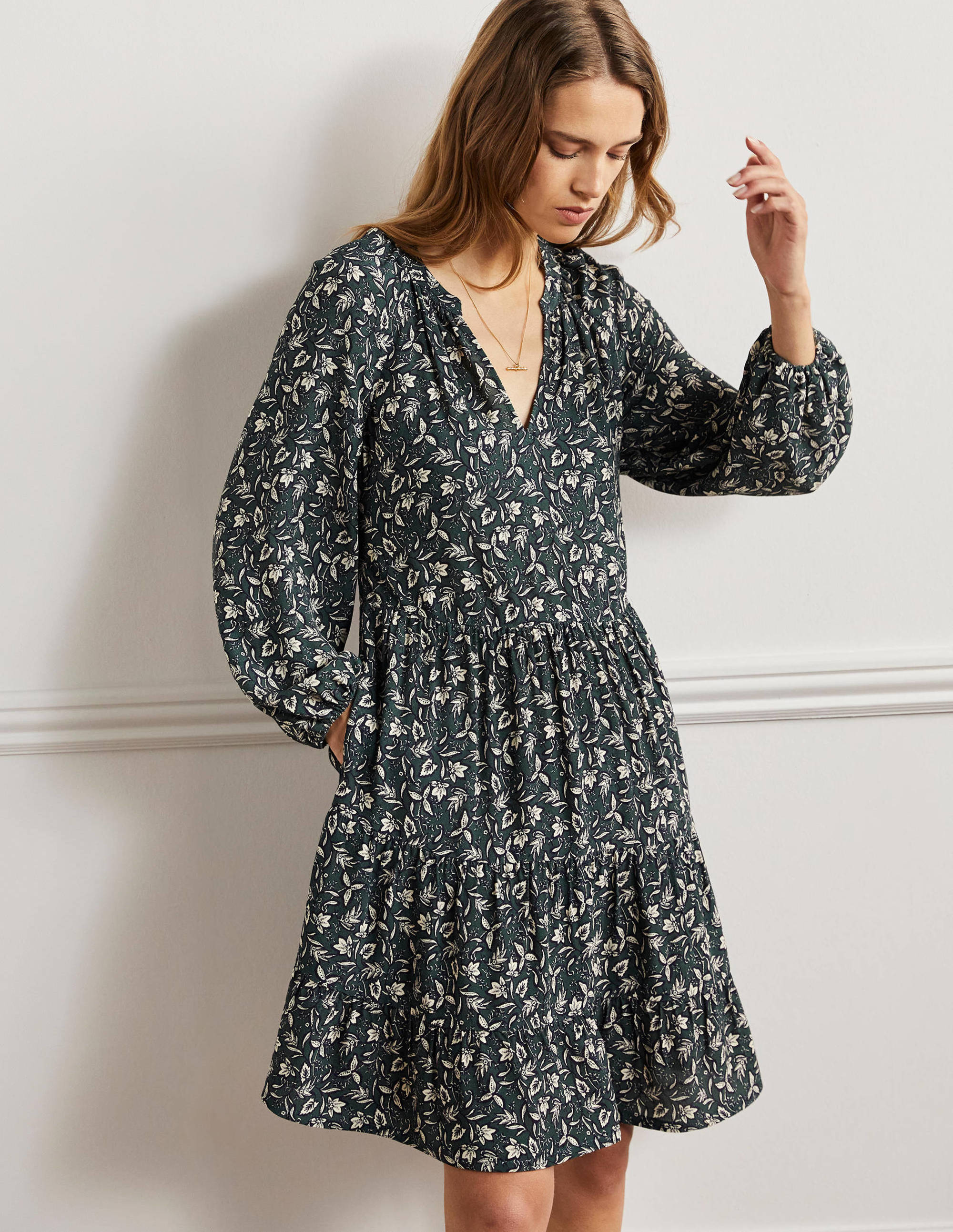 Notch Neck Tiered Dress-Trekking Green, Wild Flora - Image 1
