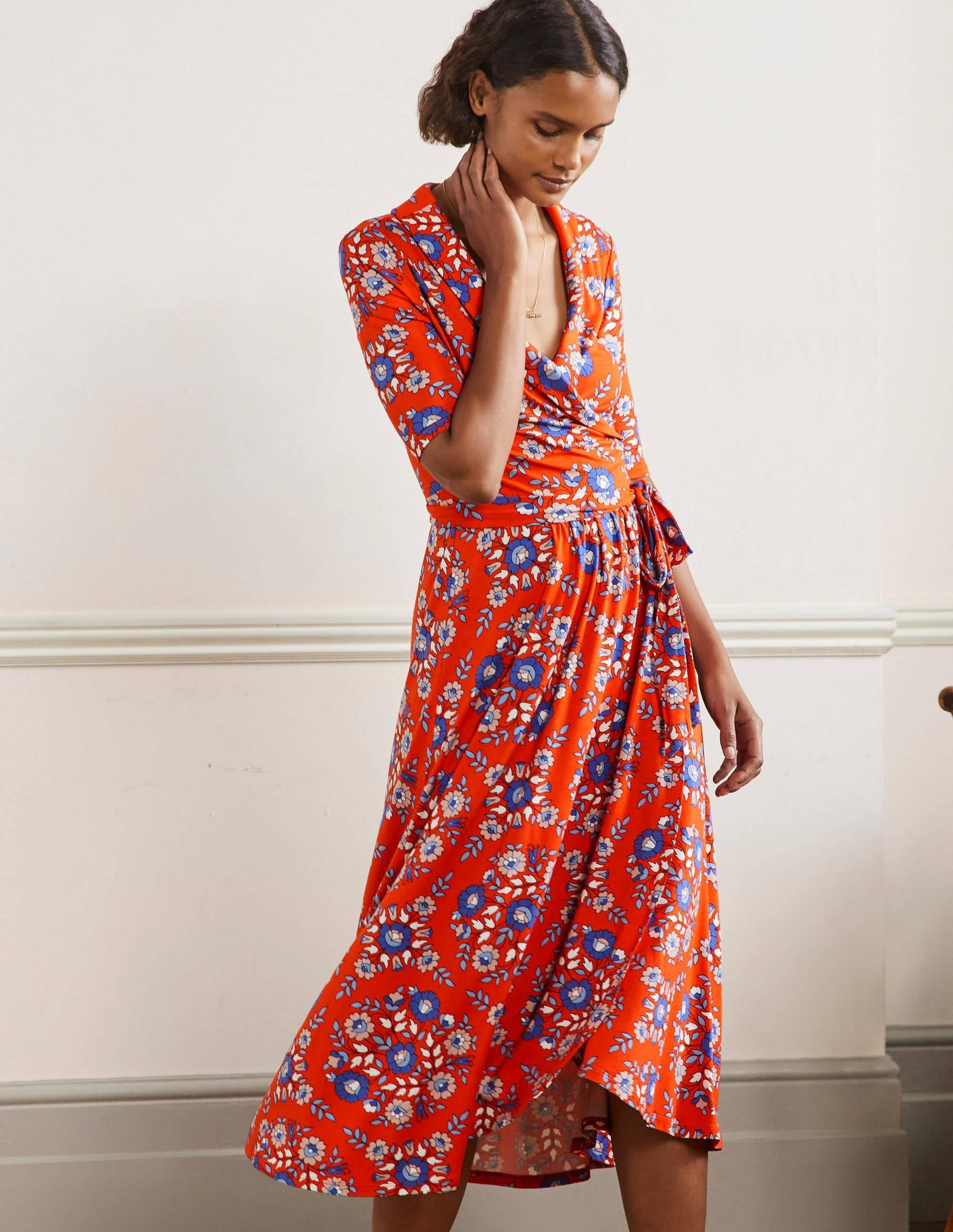 Lavinia Jersey Wrap Dress-Papaya, Wildflower Prairie-1