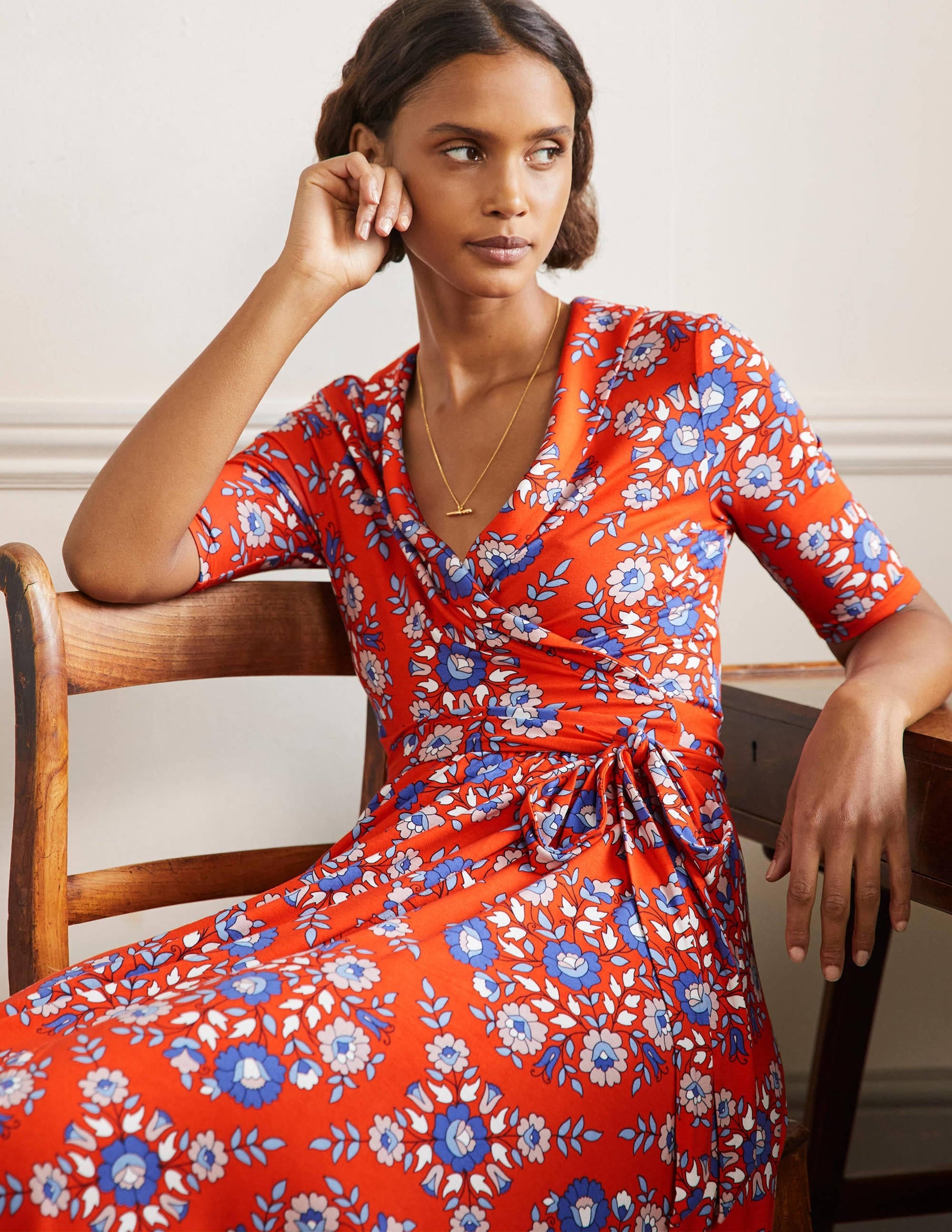 Lavinia Jersey Wrap Dress-Papaya, Wildflower Prairie-4