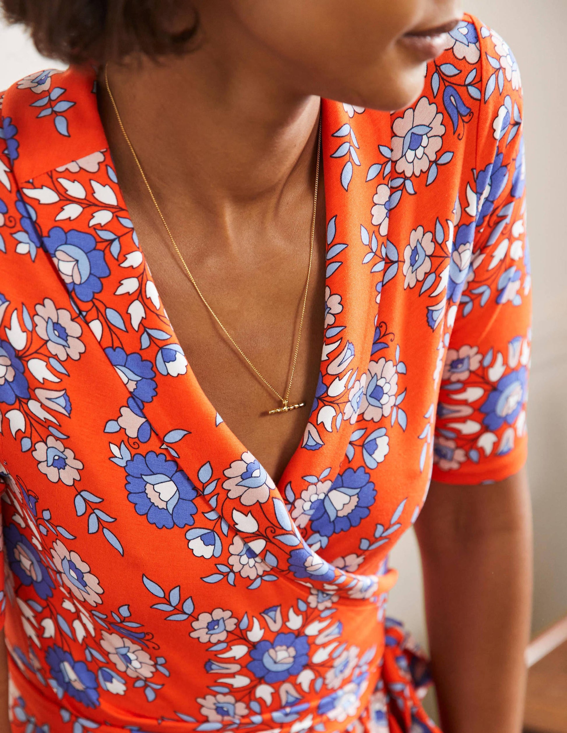 Lavinia Jersey Wrap Dress-Papaya, Wildflower Prairie-5