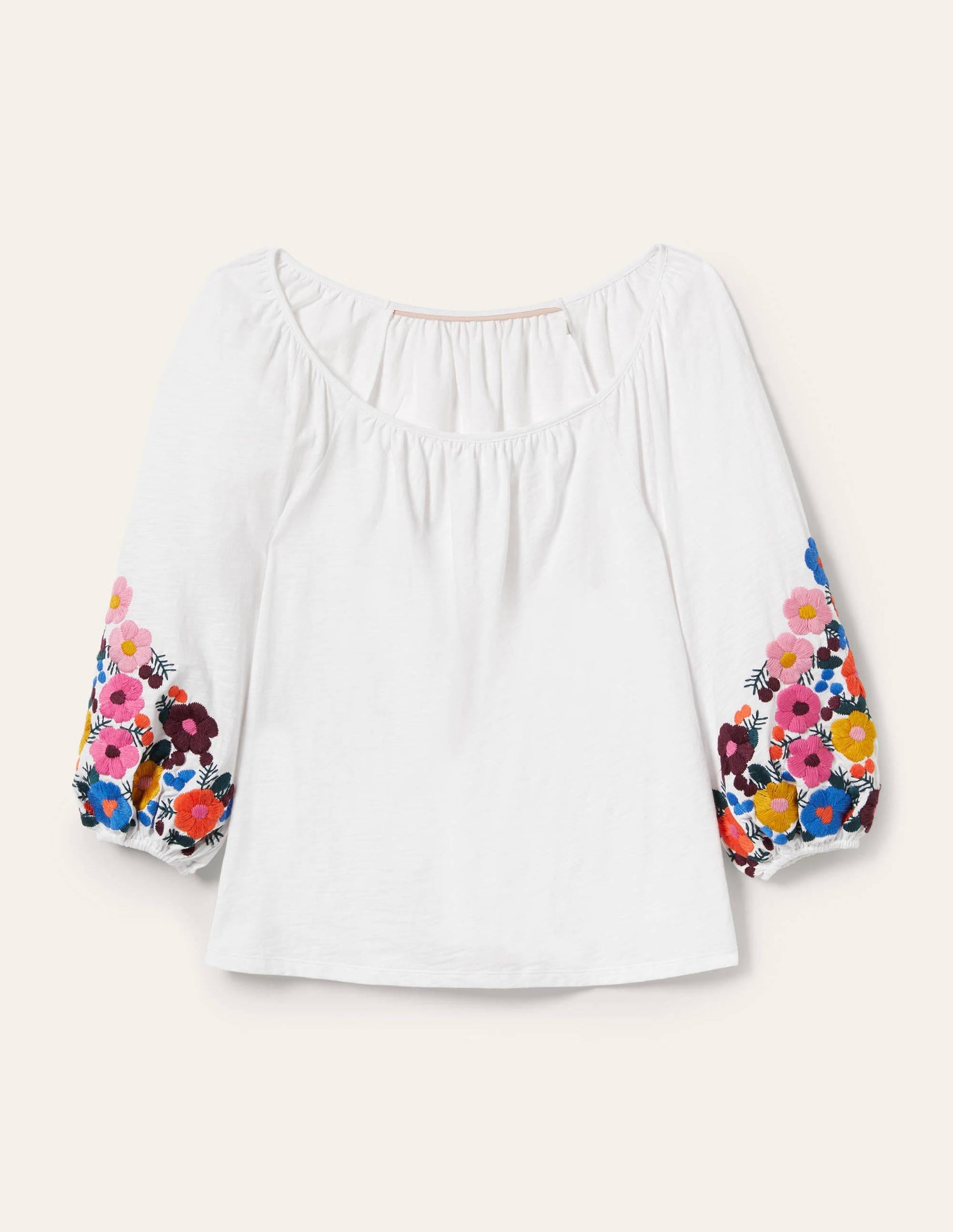 Poppy Embroidered Jersey Top-White, Multi Floral Embroidery-5