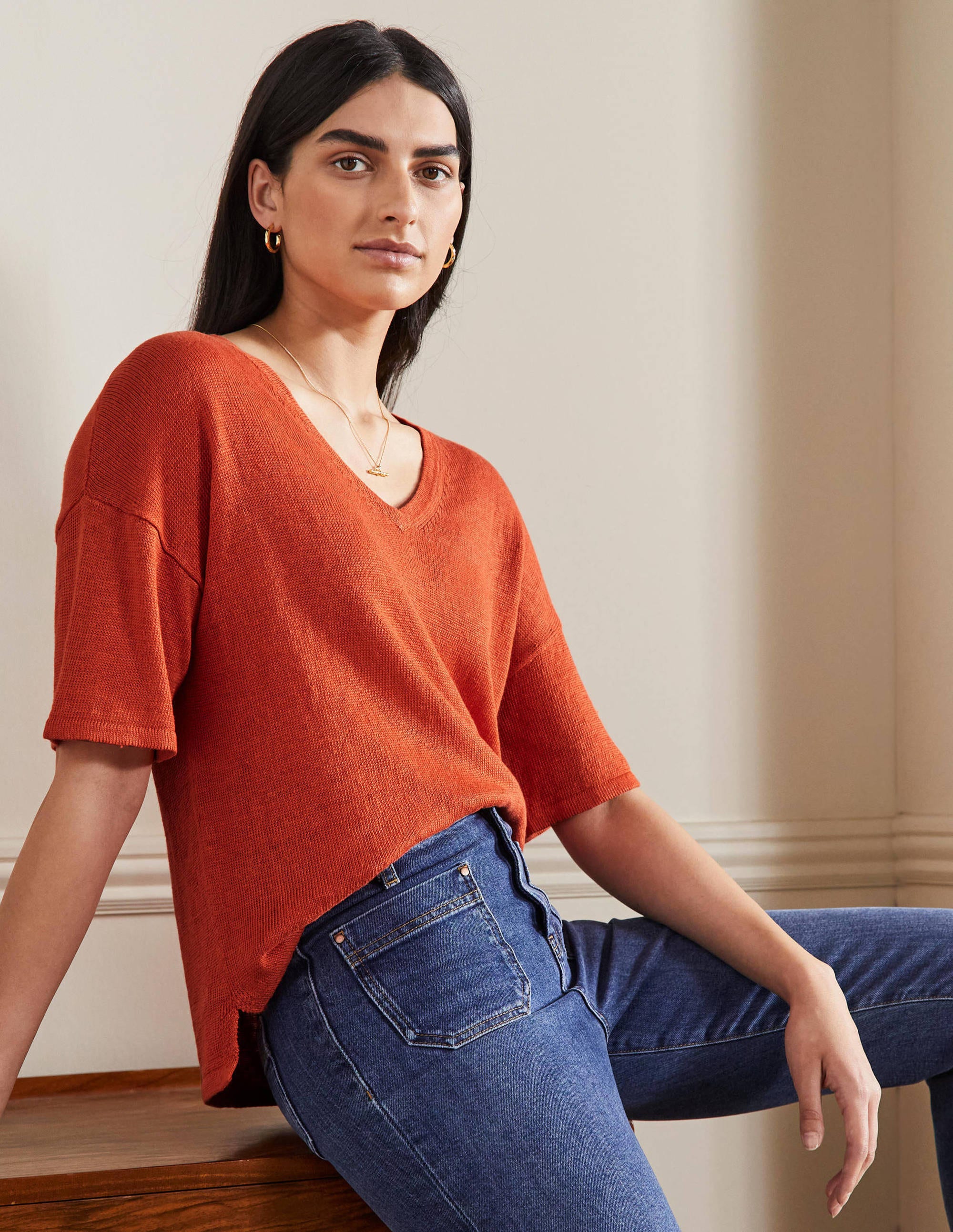 Linen Knitted T-shirt-Bright Papaya - Image 1