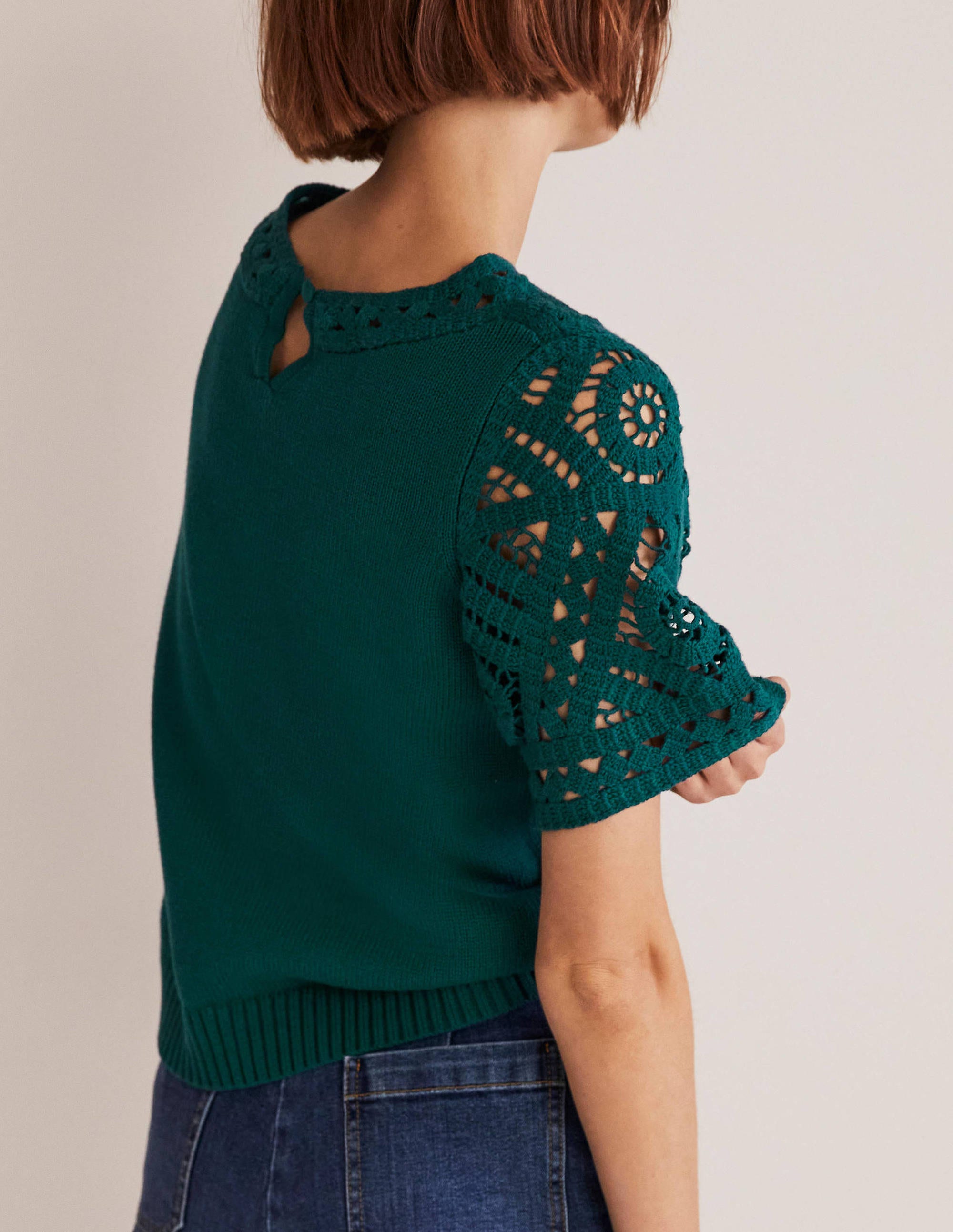 Crochet Detail Knitted T-shirt-Chesapeake Bay Green - Image 2