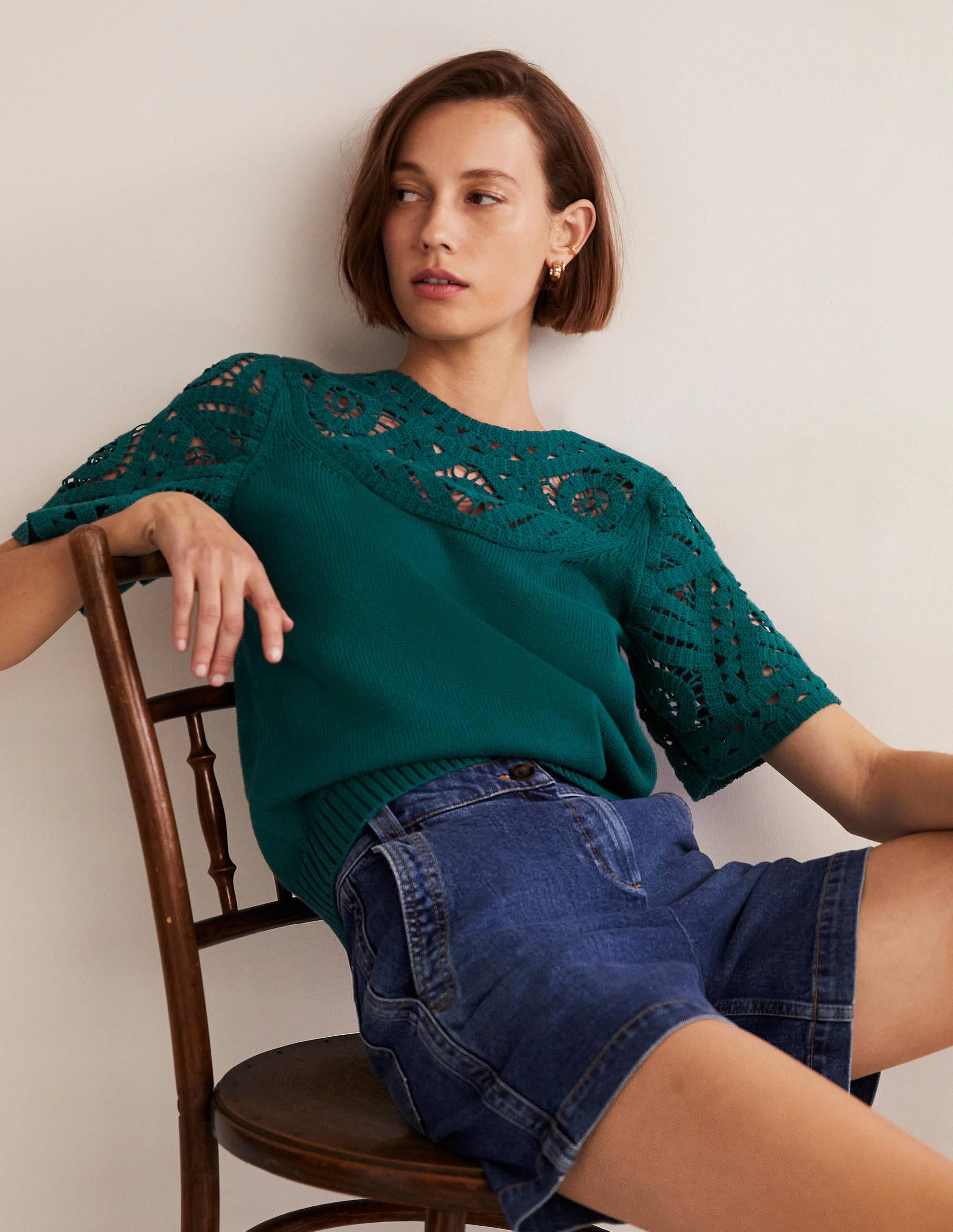 Crochet Detail Knitted T-shirt-Chesapeake Bay Green - Image 5